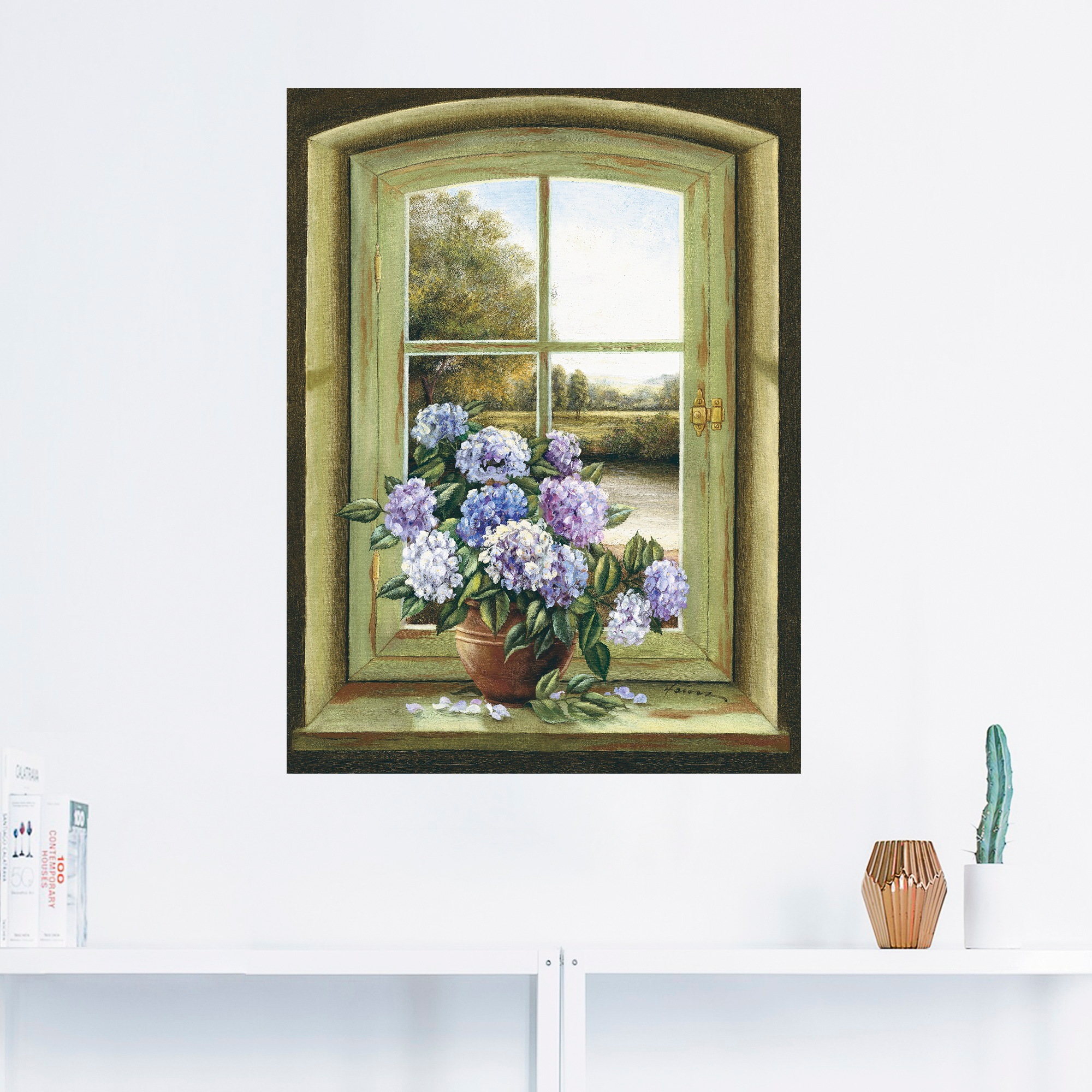 (1 Wandbild bestellen »Hortensien Fenster«, am oder | Poster BAUR Arrangements, in versch. Leinwandbild, Artland Größen als Alubild, Wandaufkleber St.),