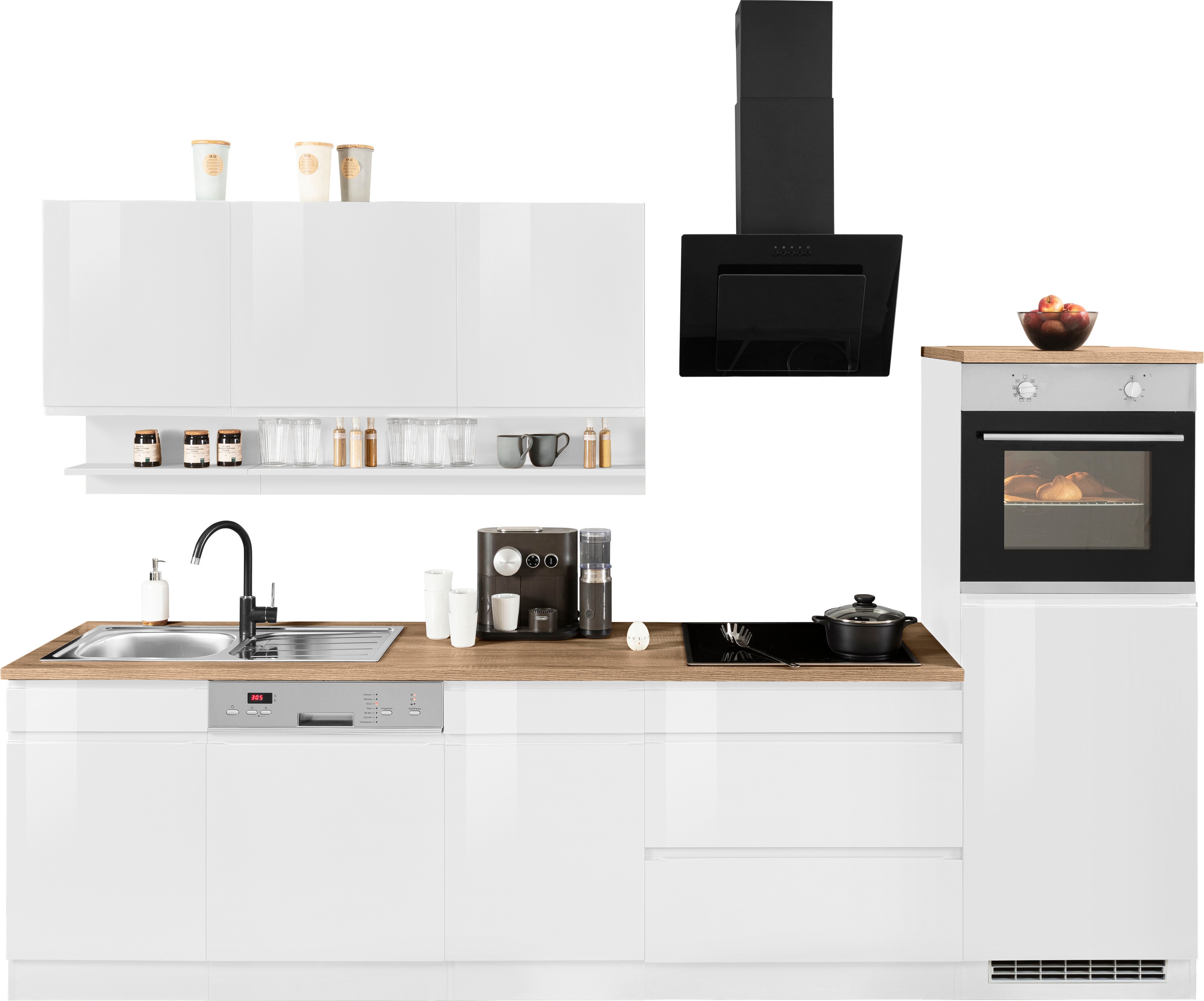 KOCHSTATION Küchenzeile "KS-Virginia,neu in verbesserter Ausführung" Arbeitsplatte 38 mm stark, Stauraum, Softclose, Breite 300 cm, Soft-Close, wahlweise mit E-Geräten