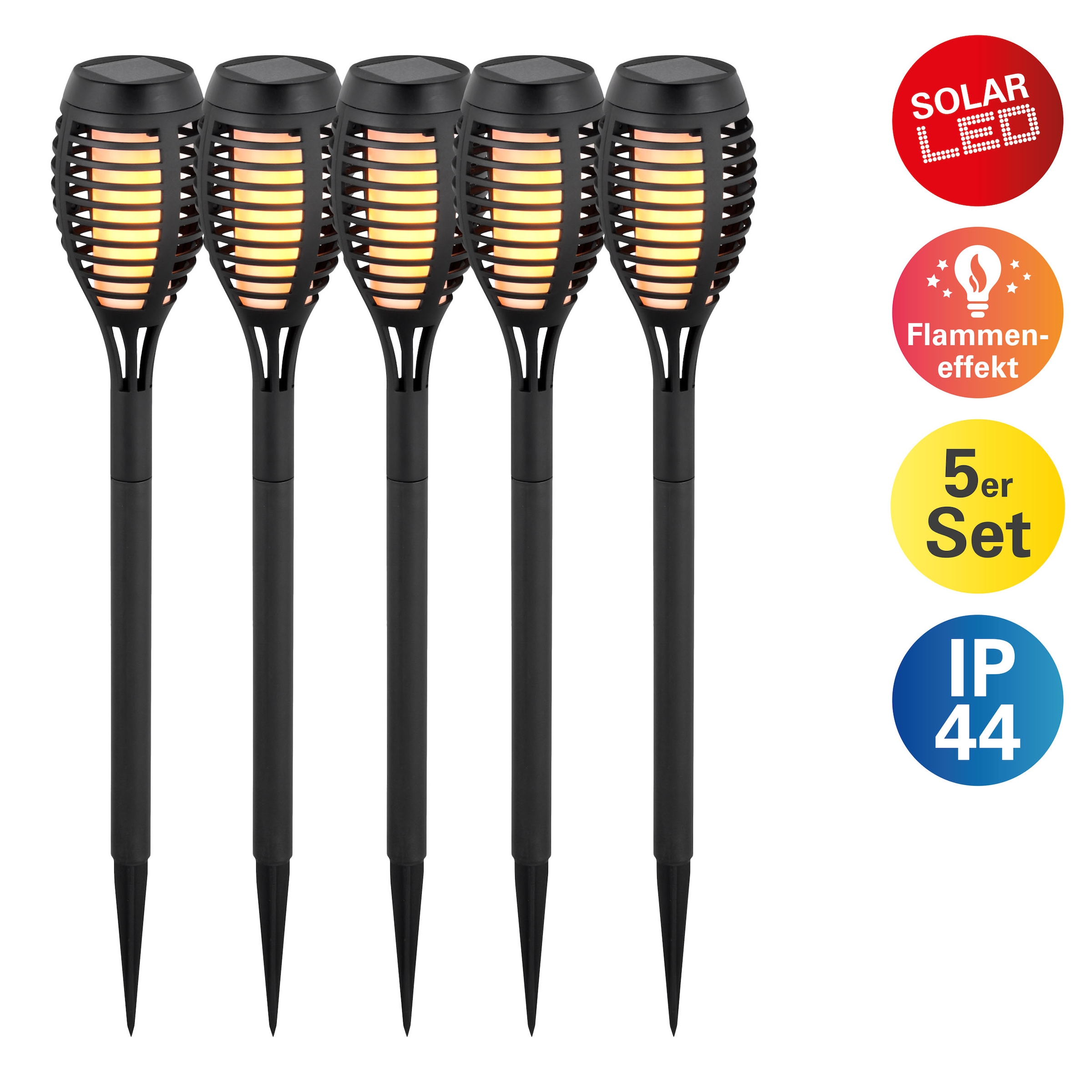 näve LED Solarleuchte "Fanilo" LED-Modul 5 Stk. Warmweiß 5er Set Fackeln, Flammeneffekt, schwarz, LED warmweiß, H: 45cm, D: 6cm