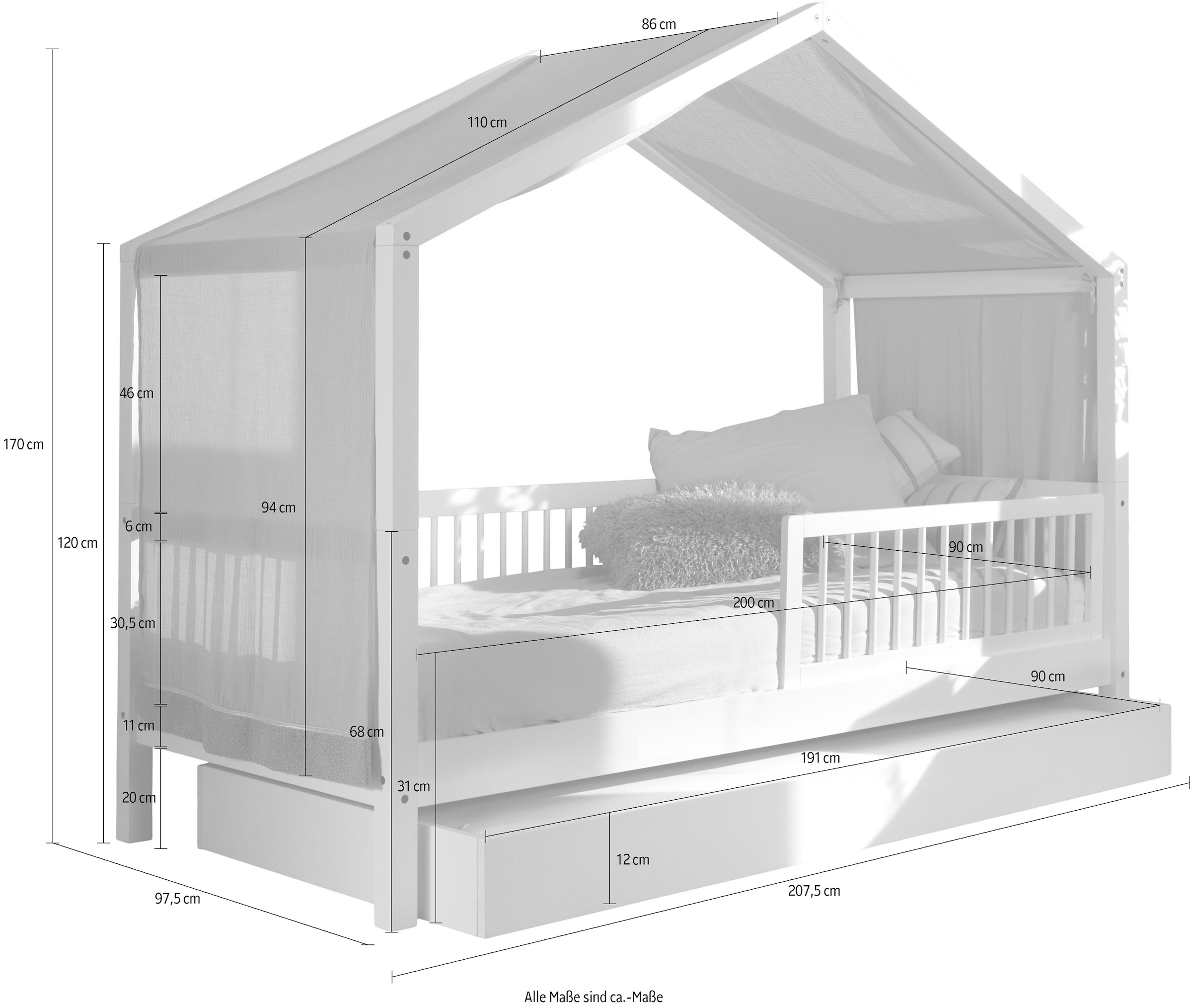 Home affaire Hausbett »Forrest 90/200 aus massiver Buche, weiß mit Rausfallschutz vorne«, inkl. Sprossenumrandung, m. Textilhimmel, mit und ohne Bettschublade