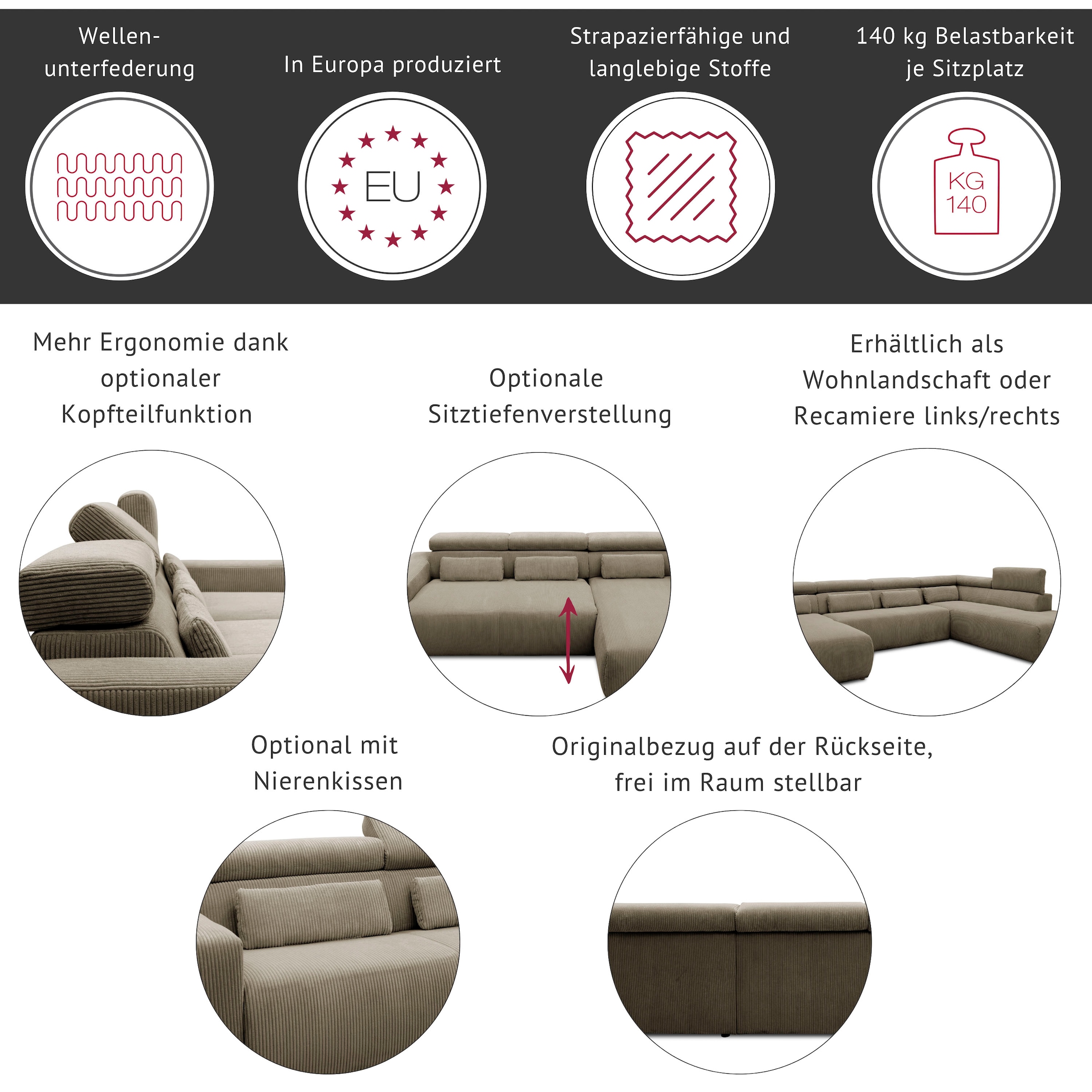 DOMO collection Wohnlandschaft »Brandon, belastbar bis 140kg/ Sitz, B/T: 359/228 cm, U-Form« ohne Sitztiefenverstellung, Luxus-Microfaser, dunkelgrau