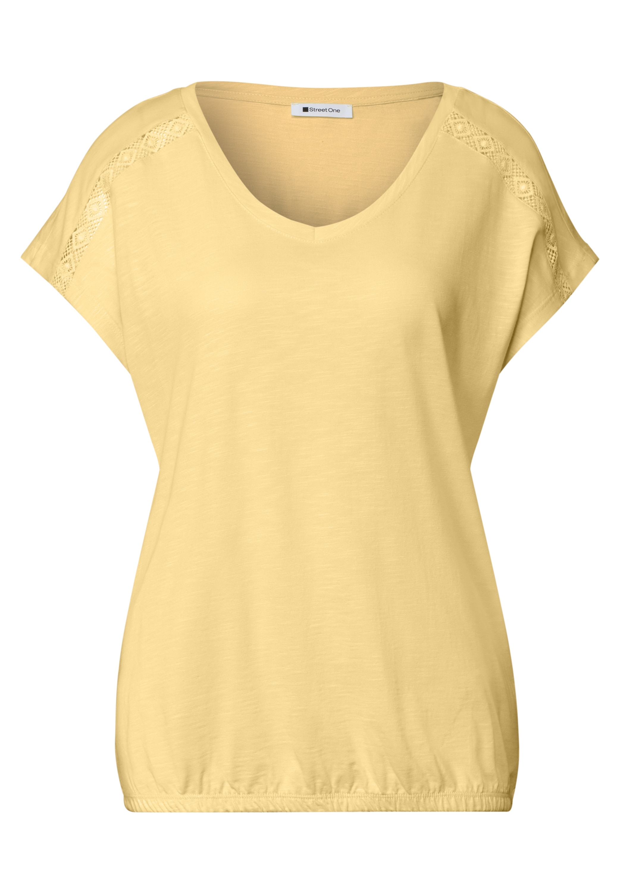 STREET ONE Kurzarmshirt Sommershirt mit V-Neck und Crochet-Details