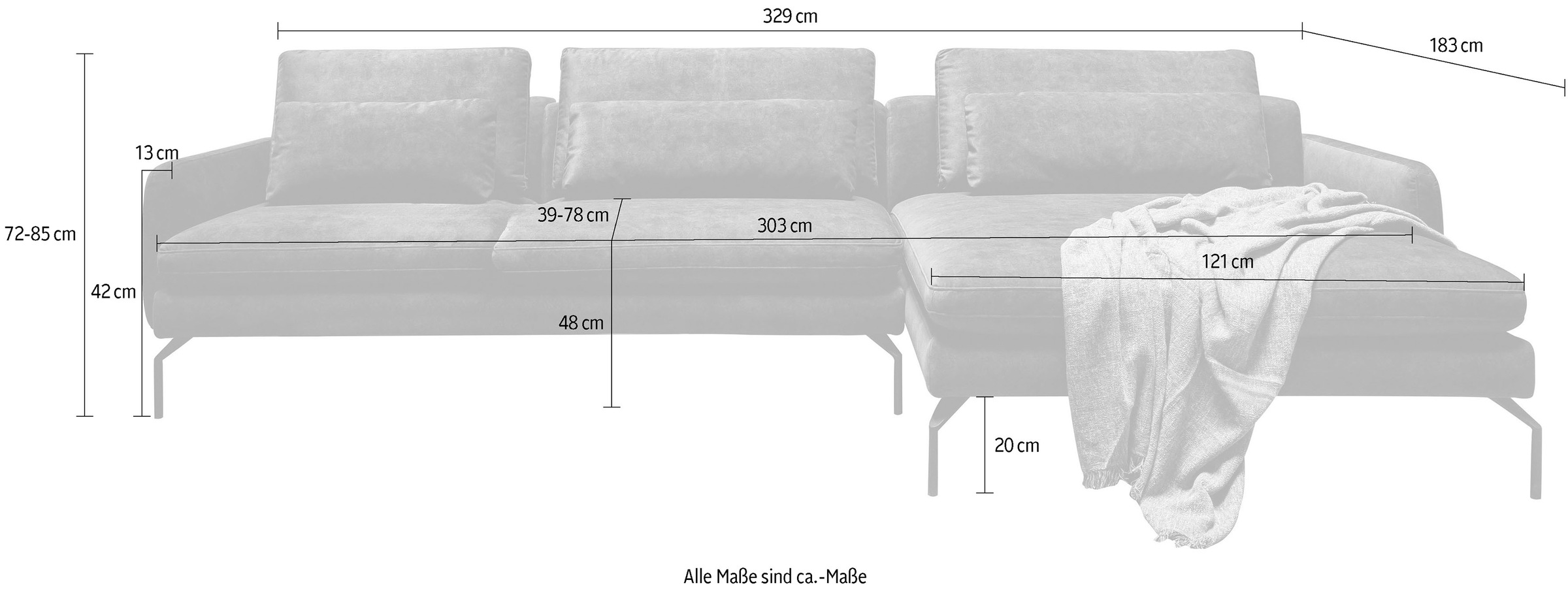 exxpo - sofa fashion Ecksofa »Komfortsofa Look, moderner Webvelours Bezug, extrabreite Sitzflächen«, komfortabler Sitz, L-Form, Breite 329cm, hoher Designfuß