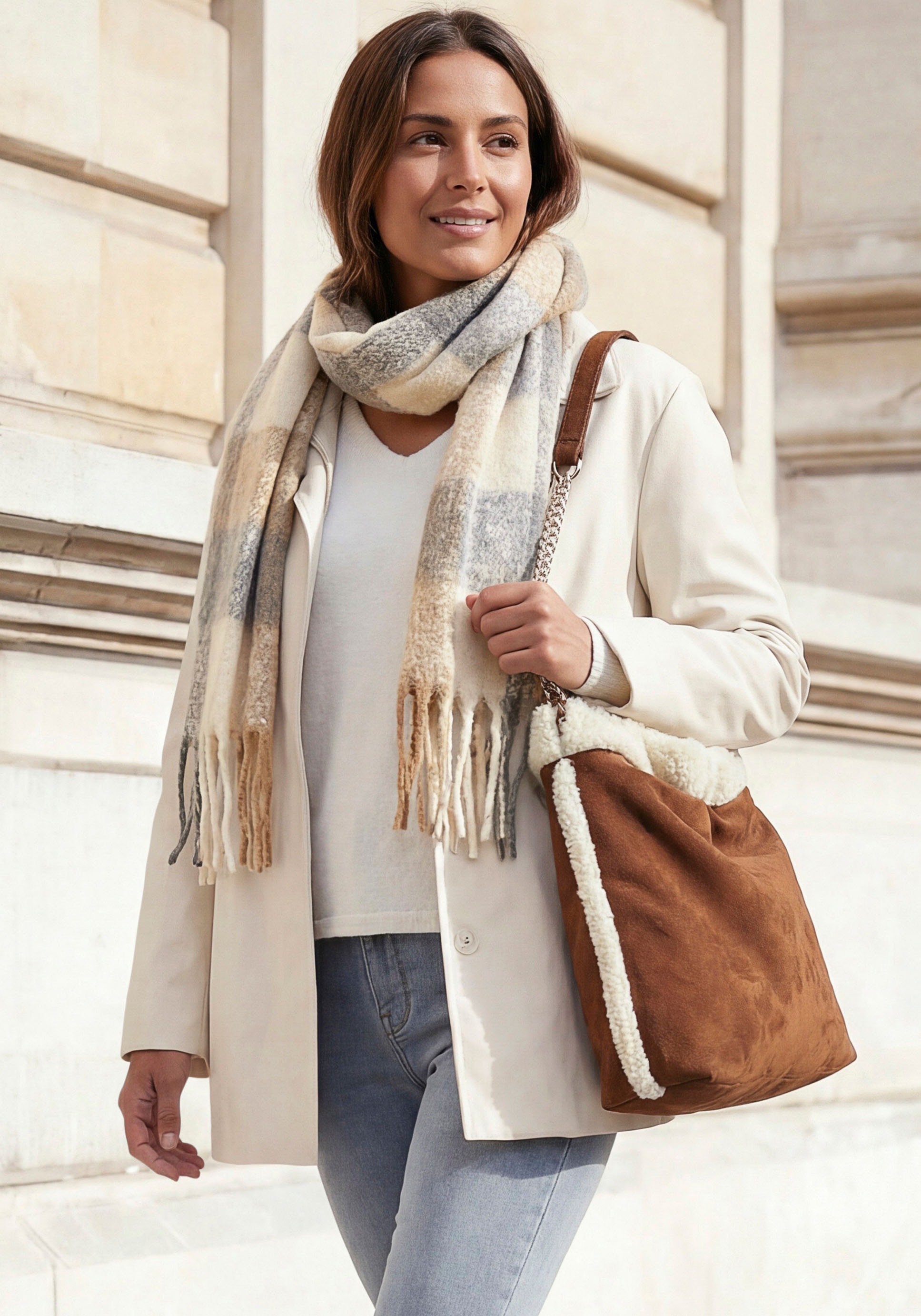 Vivance Handtasche "Schultertasche, Henkeltasche, Damentasche, Shopper" NEU mit Kettenhenkel und Teddyfell-Applikation VEGAN