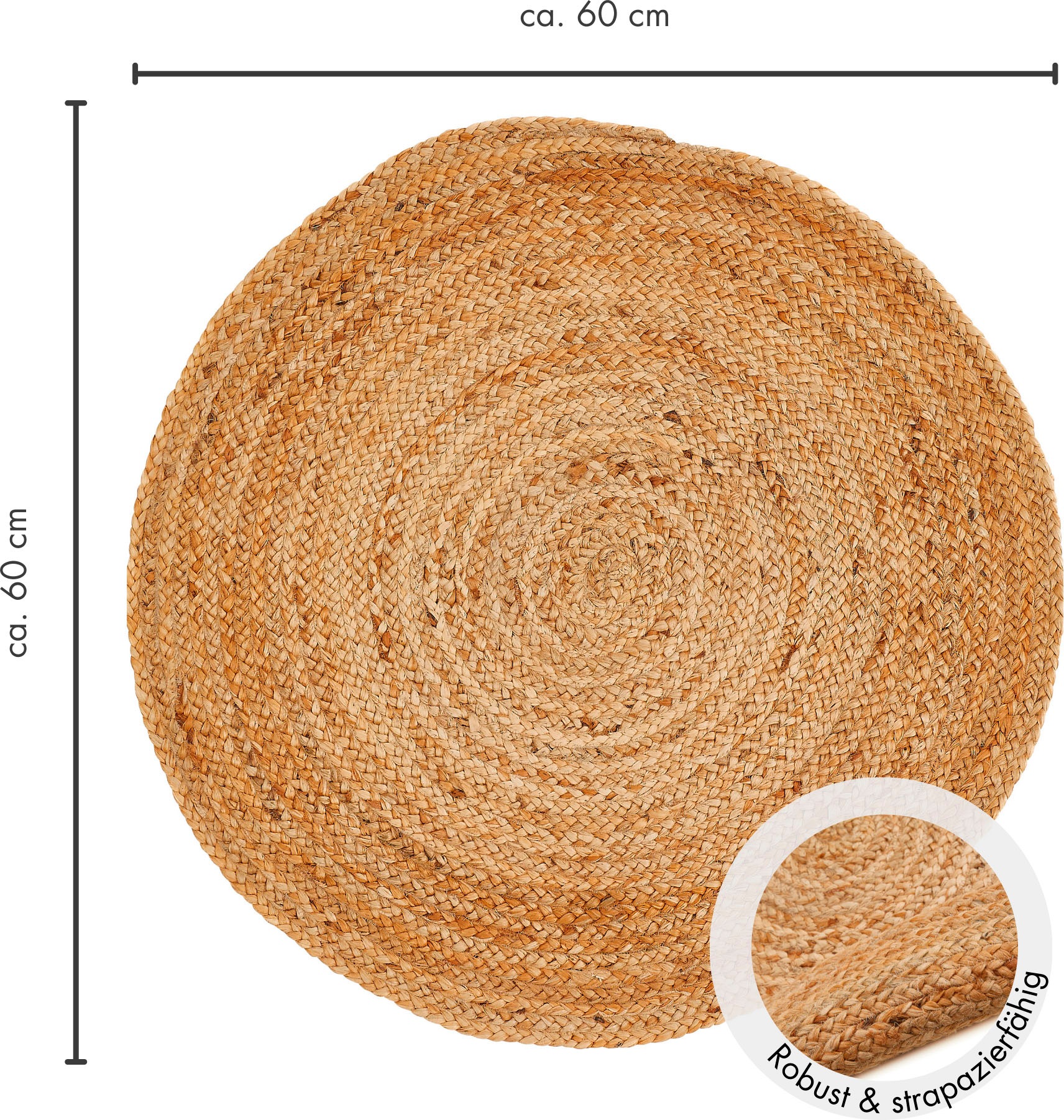 LUXOR living Teppich »Mamda 2, Juteteppich«, rund, 4 mm Höhe, Flachgewebe, handgeflochten, Flecht Design, Naturfaser, Boho-Style