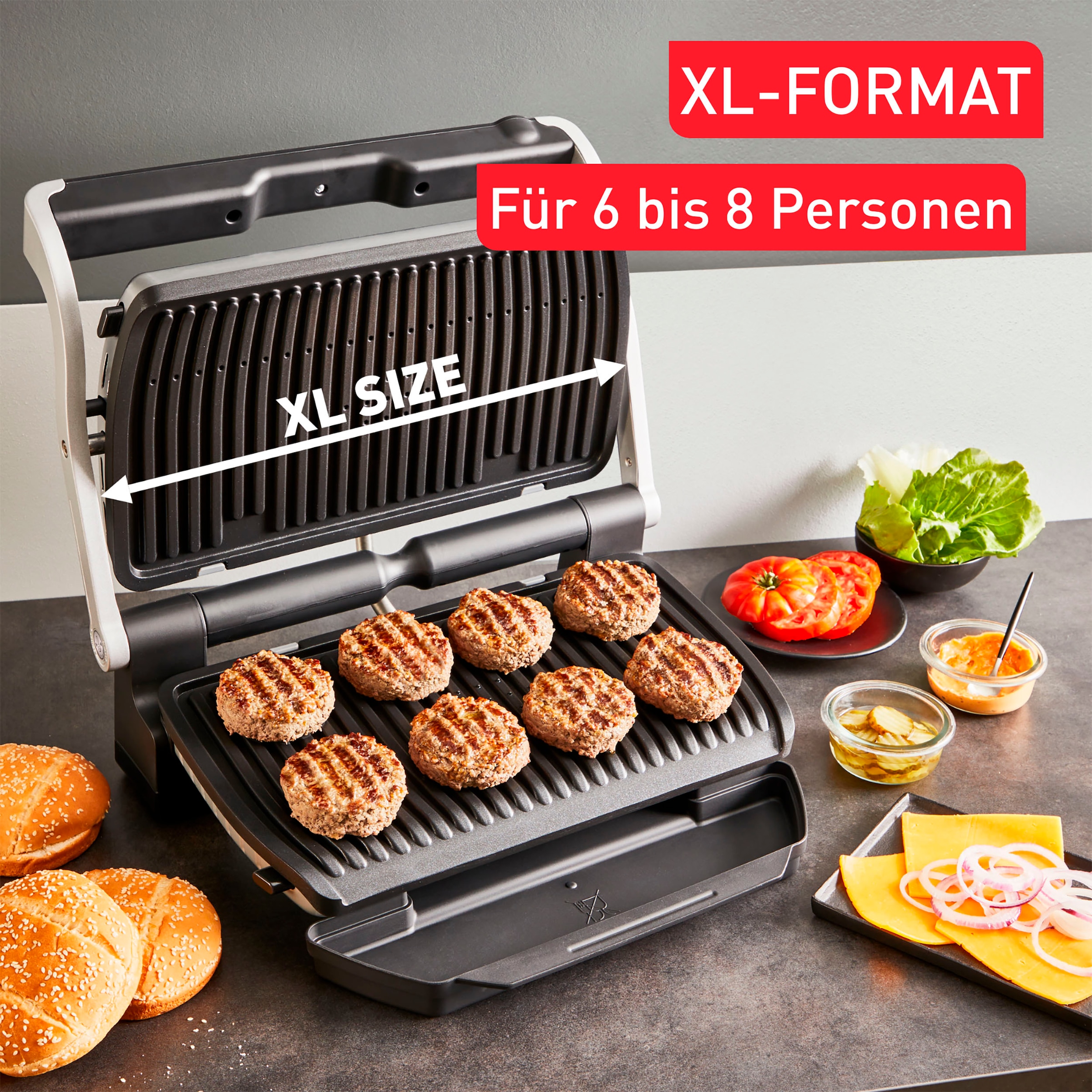 Tefal Kontaktgrill »GC727D OptiGrill+ XL«, 2000 W, erneuerte Kochstufenanzeige, manuelles + 9 Automatikprogramme