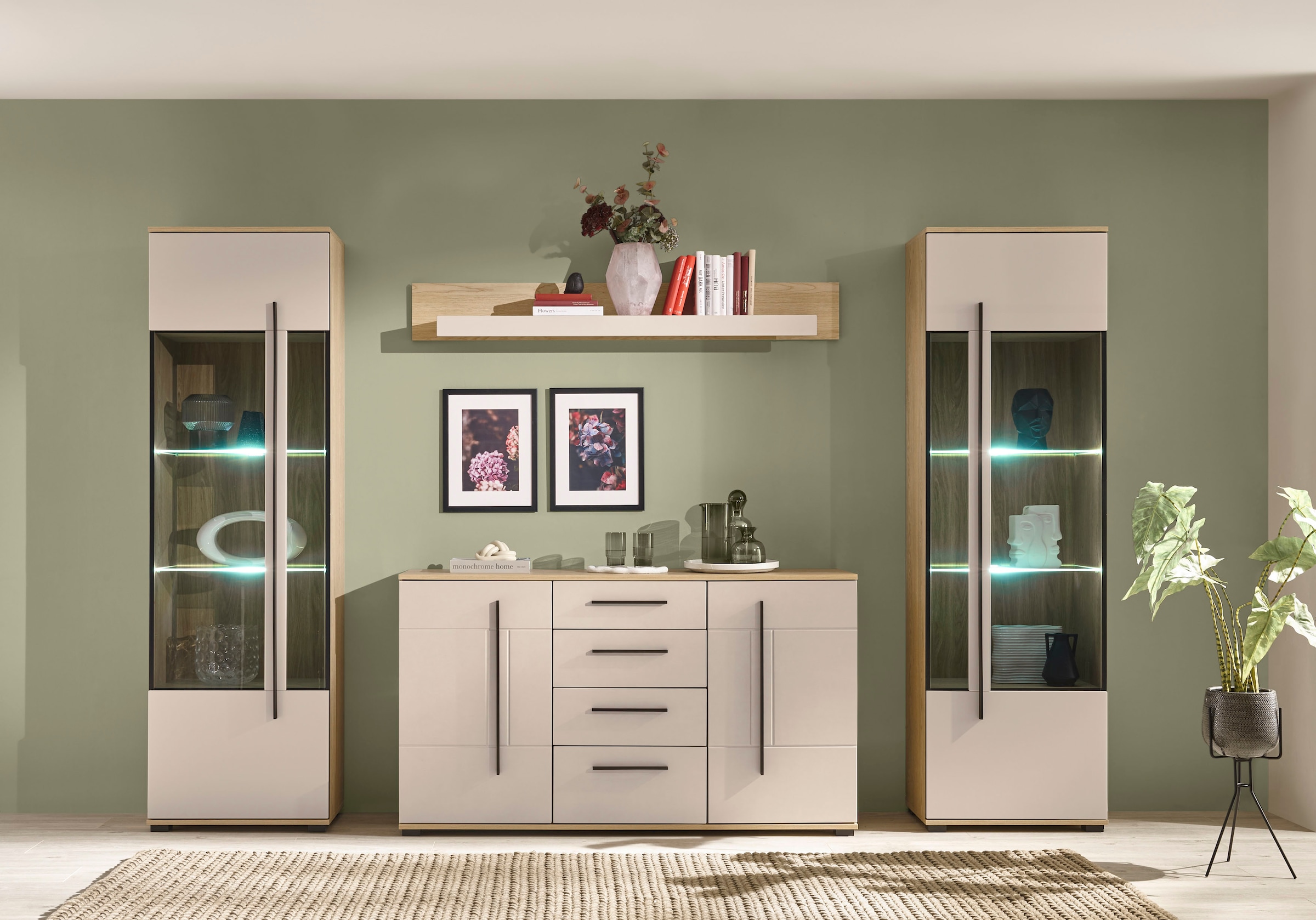 Home affaire Wohnwand »Cantara, Anbauwand, Wohnzimmer-Set, in Eiche Evoke, Weiß oder Kaschmir« Set, 