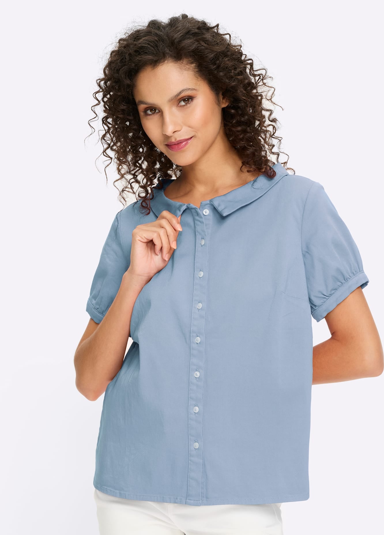 Kurzarmbluse HEINE, Damen, Gr. 48, eisblau, 98% Baumwolle, 2% Elasthan, unifarben, Rundhals, Blusen