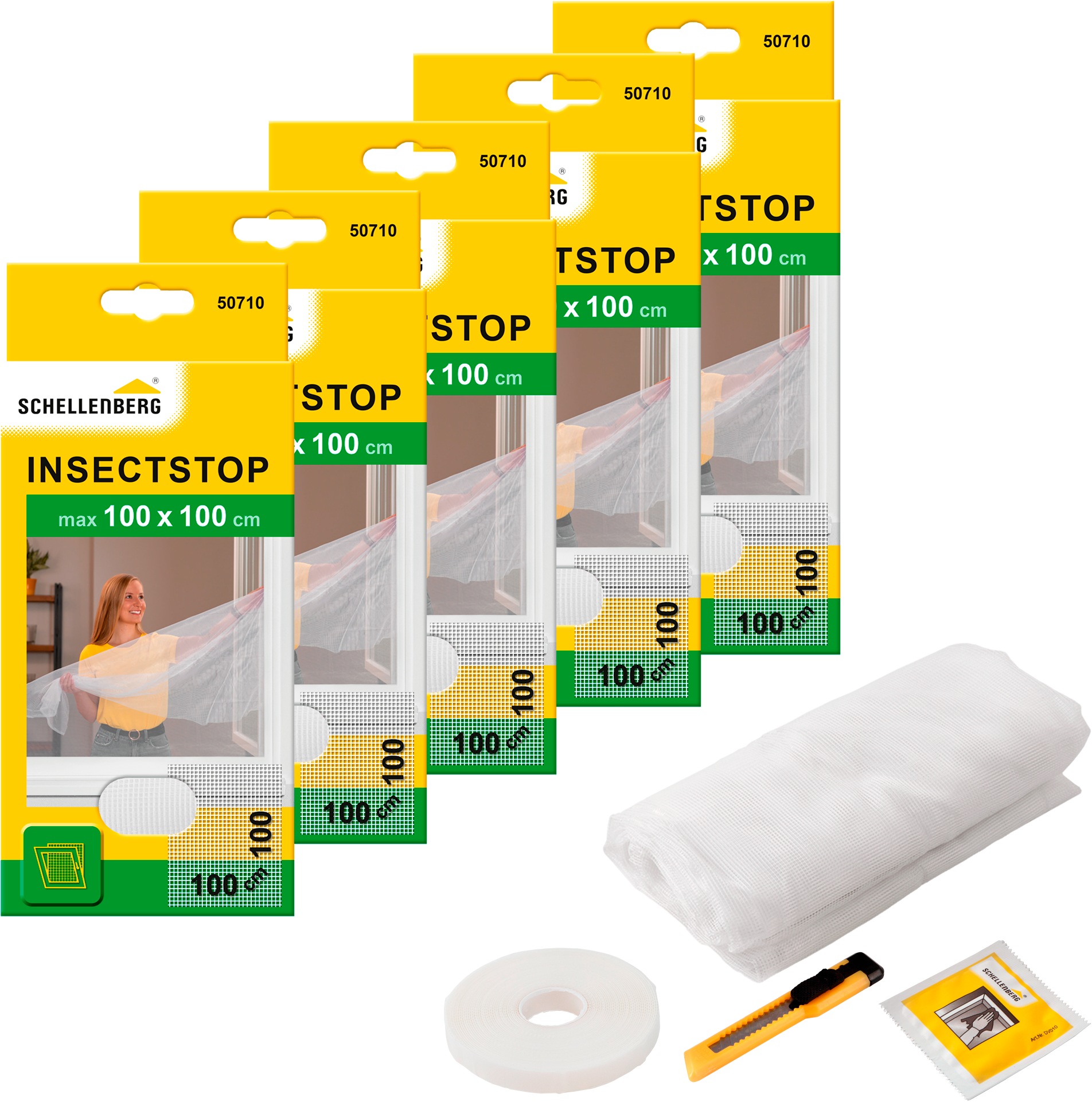 SCHELLENBERG "für Fenster ohne bohren" Set, 5 Stk. tlg. Insektenschutz inkl. Befestigungsband, 100 x 100 cm, weiß, anthrazit