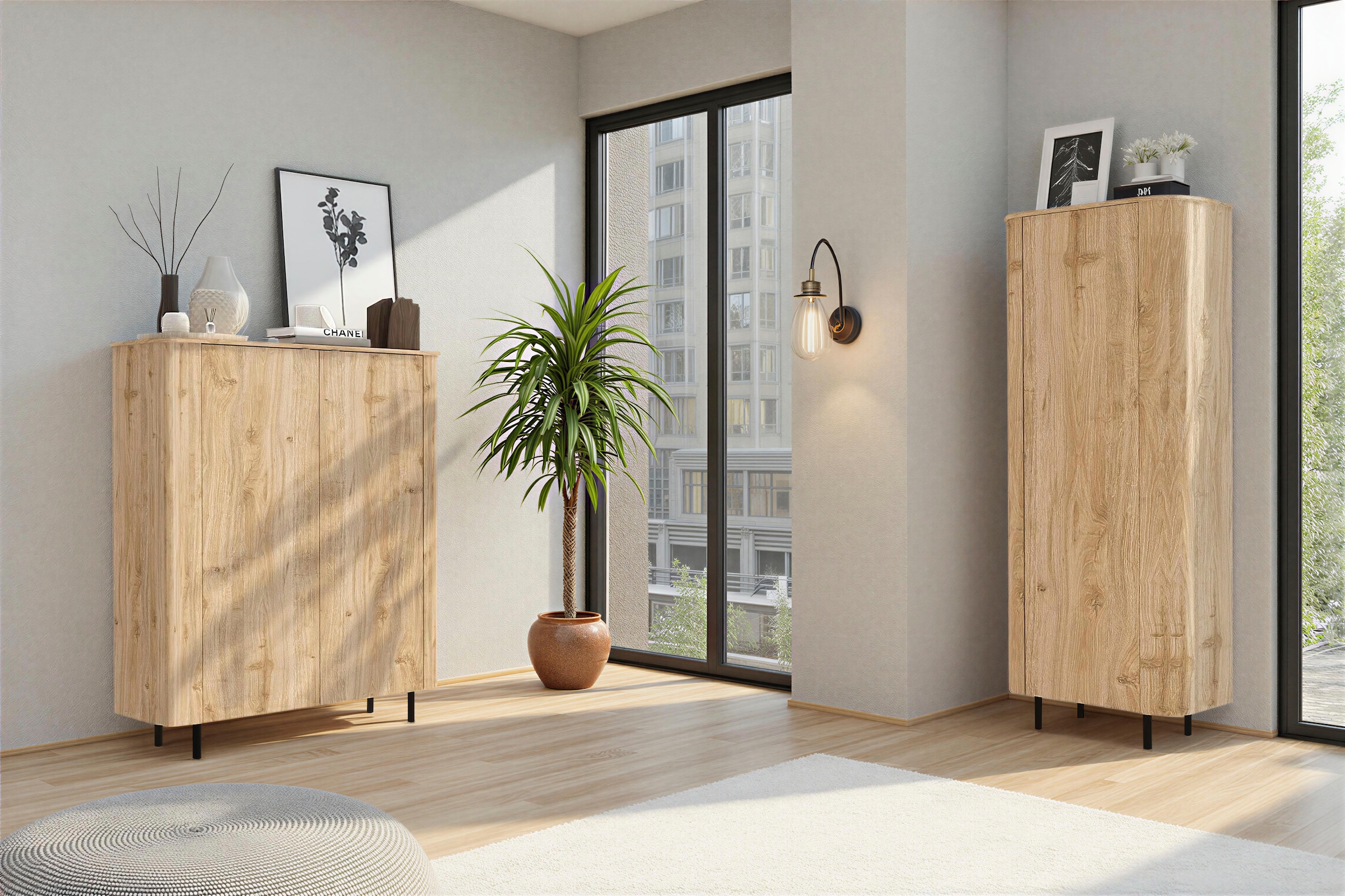 INOSIGN Highboard »Murano, B/H 131/154 cm, 2 Türen, Stauraumschrank, Hochkommode« Formgebogenes MDF, Stirnseiten mit Rundung, Füße und Griffe aus Metall