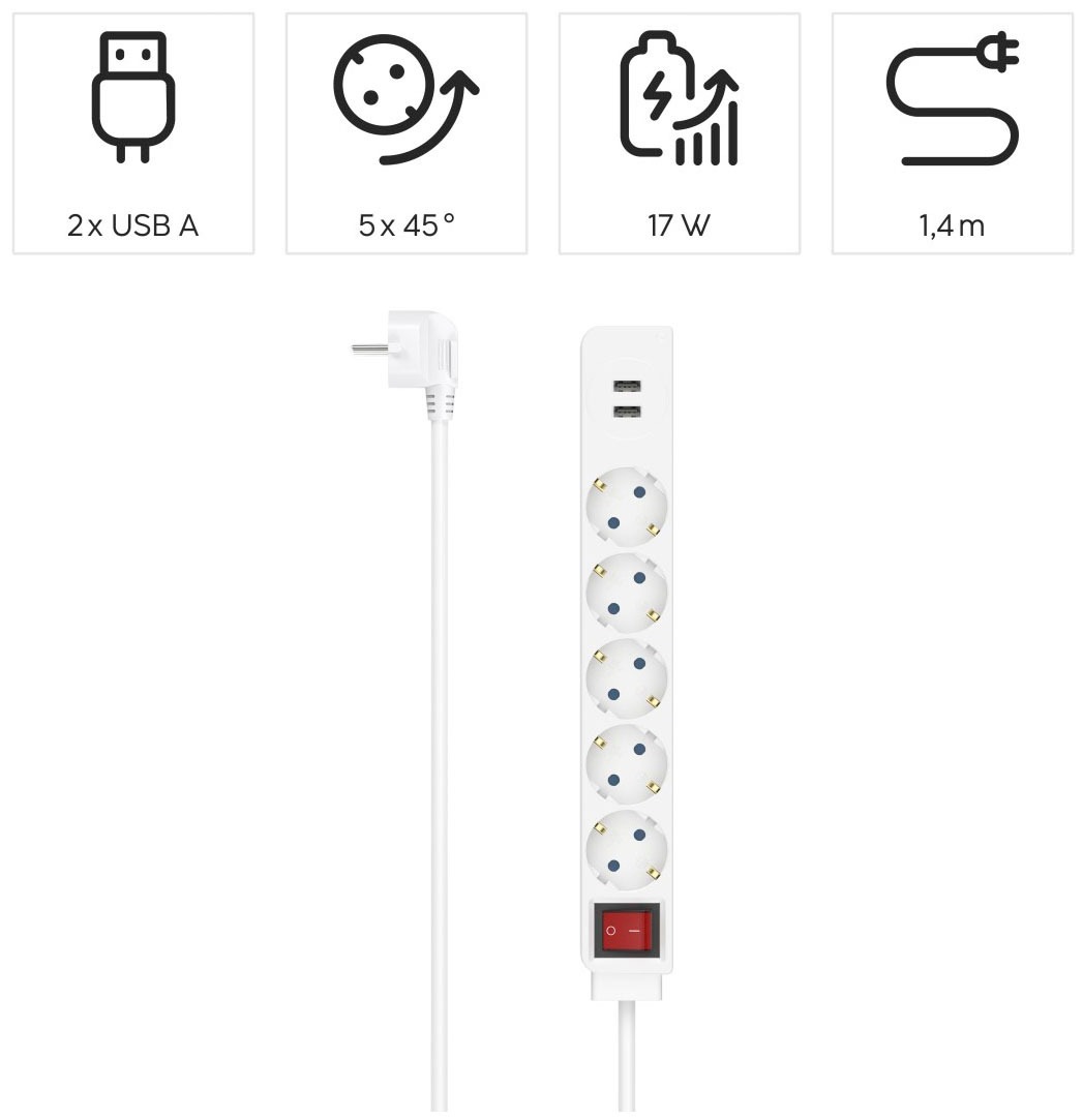 Hama Steckdosenleiste, 7-fach, (Ein- / Ausschalter-USB-Anschlüsse Schutzkontaktkupplung-Schutzkontaktstecker Kabellänge 1,4 m), 2 x USB-A
