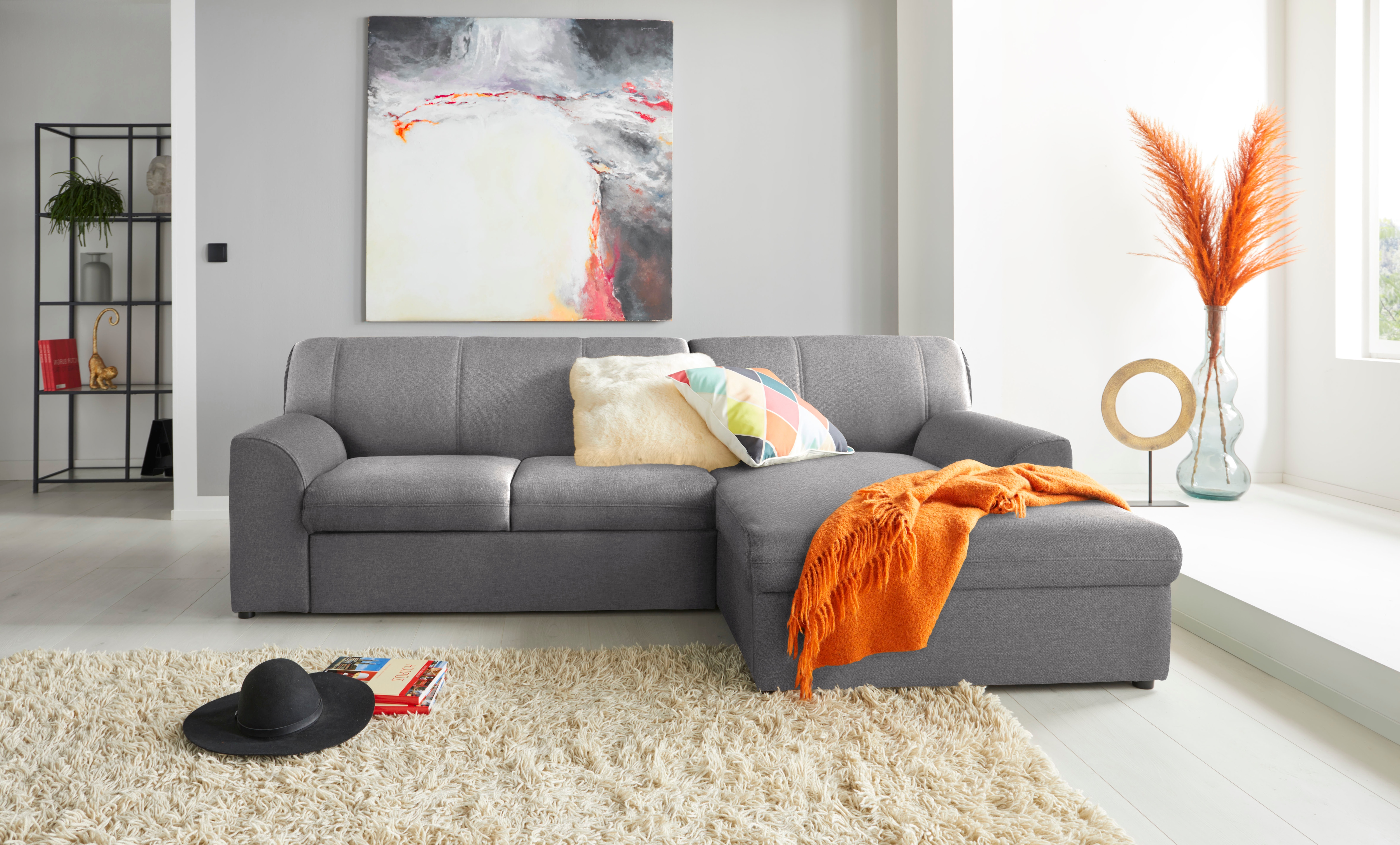 DOMO collection "Topper, elegant und zeitlos, kompaktes Stellmaß 245/155cm, L-Form" mit Recamiere, wahlweise mit Schlaffunktion