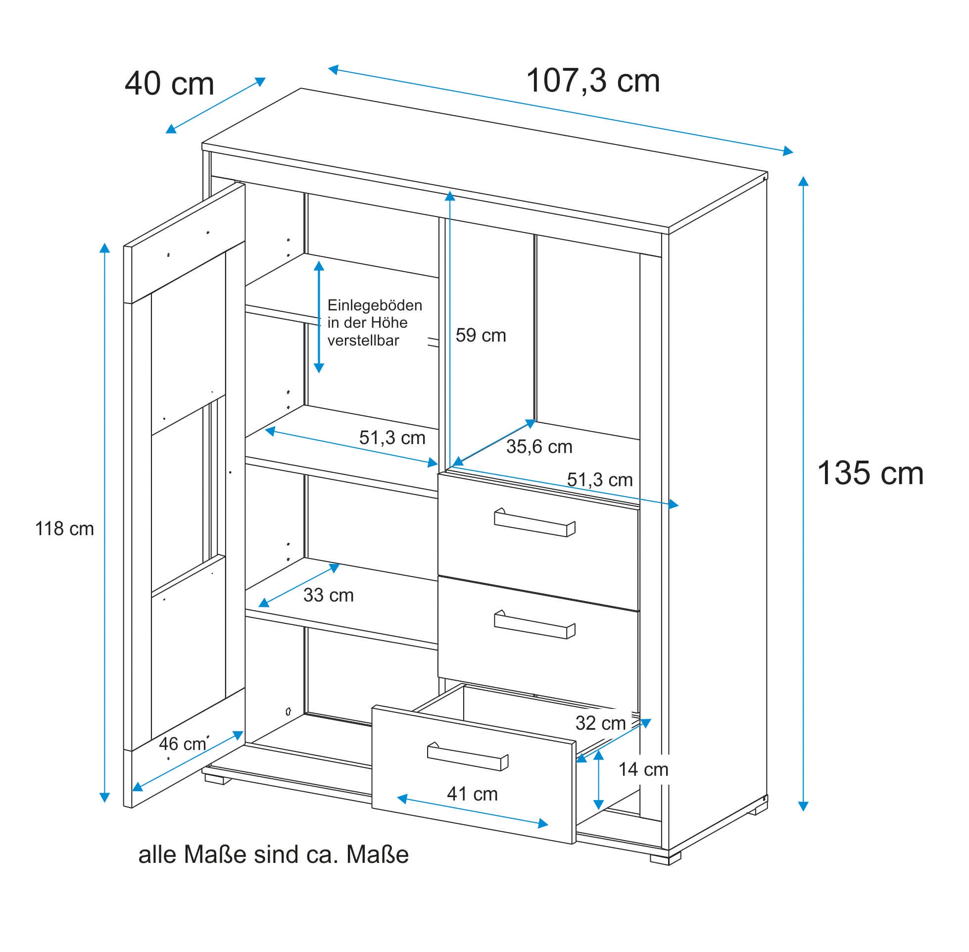 VOGL Möbelfabrik Highboard, Breite 107 cm