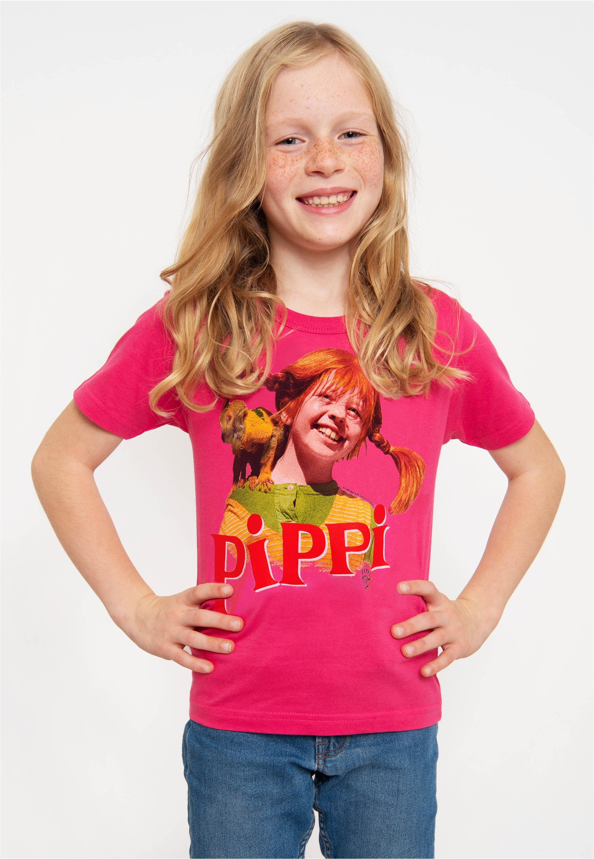 LOGOSHIRT Mädchen T-Shirt "Langstrumpf & Herr Nilsson"pink, Gr. 128, bedruckt, 100% Baumwolle, Shirts, mit lizenziertem Print