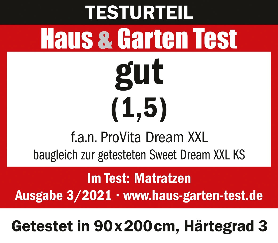 f.a.n. Schlafkomfort Kaltschaummatratze »"ProVita Sweet Dream XXL KS"«, (1 St.), von Haus & Garten mit "GUT" ausgezeichnet, getestet wurde Gr. 90x200 cm H3 - der Bezug wurde vom Hohenstein Institut mit "Antibakteriell" zertifiziert