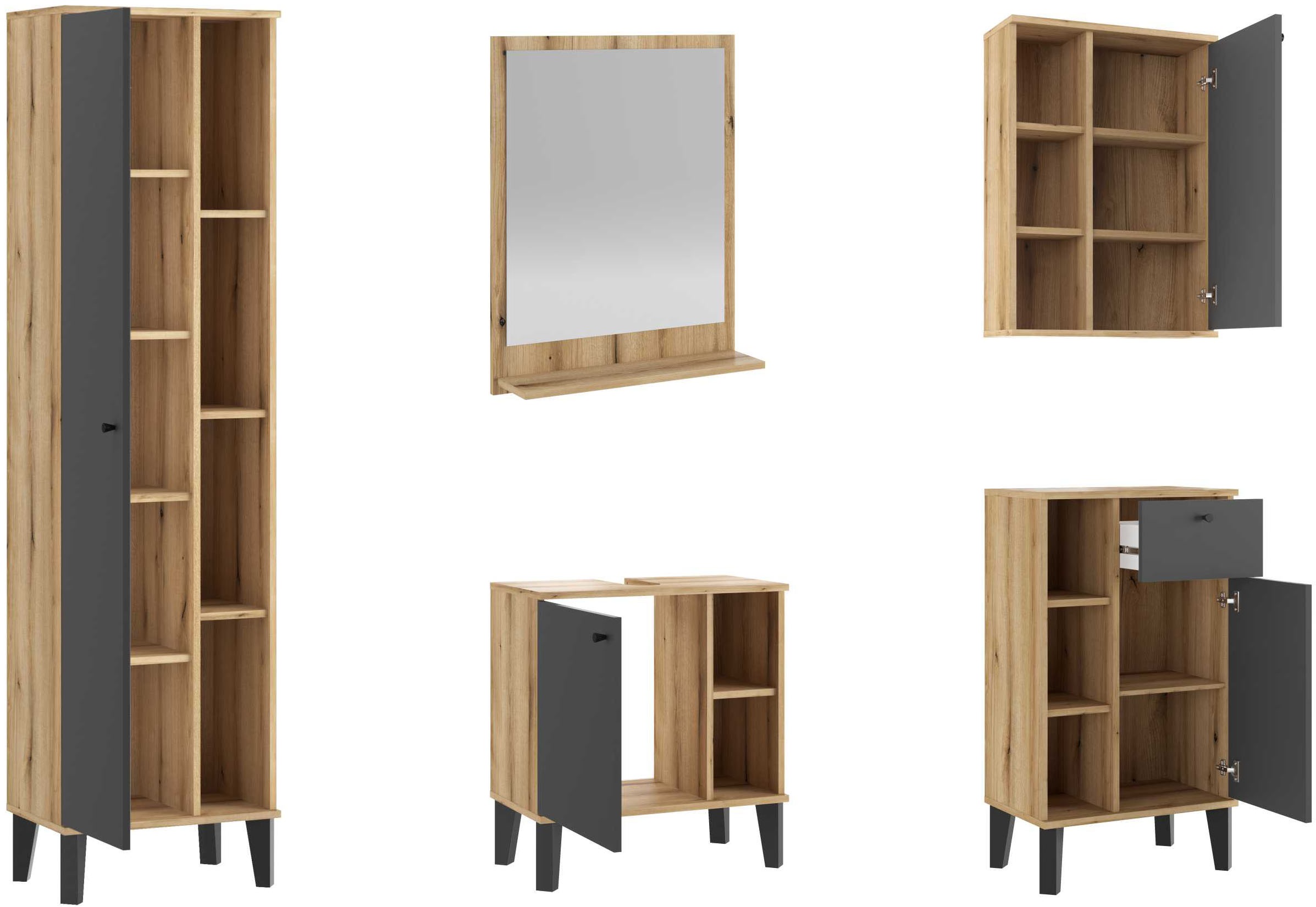 INOSIGN Badmöbel-Set »OSLO, Bad im skandinavischen Design, 5-teiliges Badezimmer«, (Set, 5 St.), Badschränke und Spiegel, in zwei Farben verfügbar, viel Stauraum