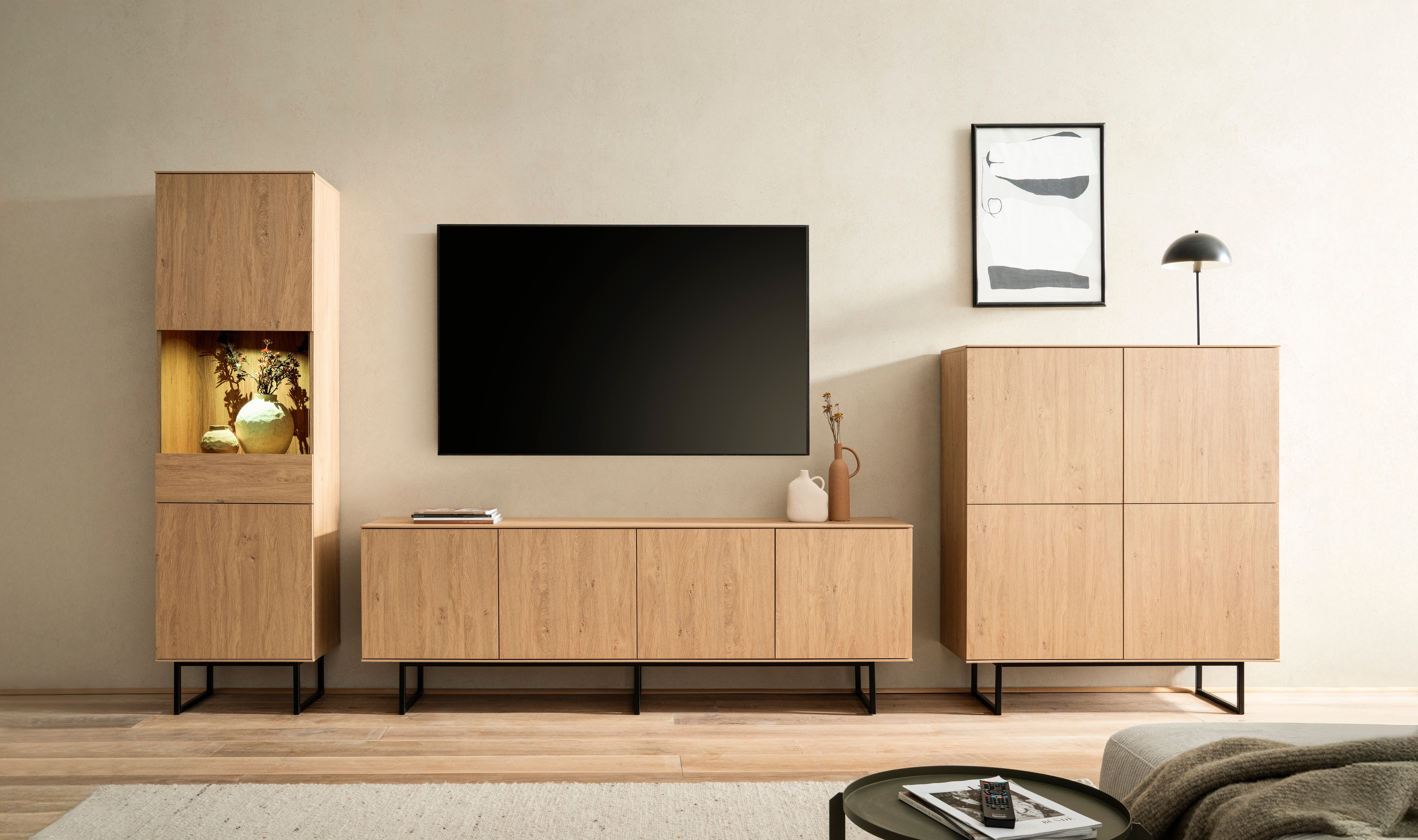 Home affaire Wohnzimmer-Set "Lund, moderne Anbauwand, Wohnzimmer-Set in Stone Oak oder Nussbaum" 3 Stk. tlg.