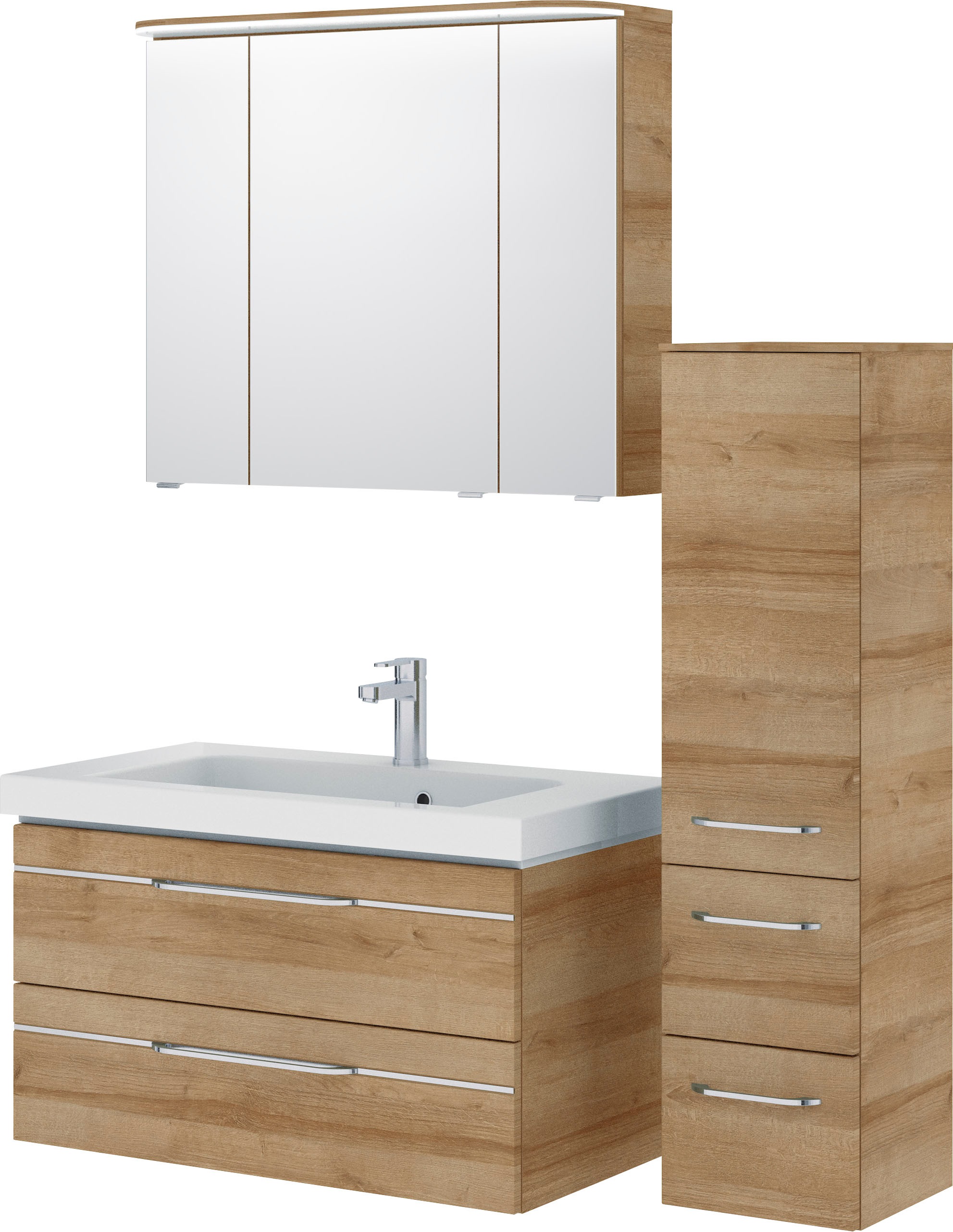 Saphir Badmöbel-Set »Balto Sprint 3-teilig, Mineralmarmor-Waschtisch mit LED-Spiegelschrank«, (4 St.), Badezimmer Set mit Midischrank, inkl Türdämpfer, 4 Türen, 4 Schubladen