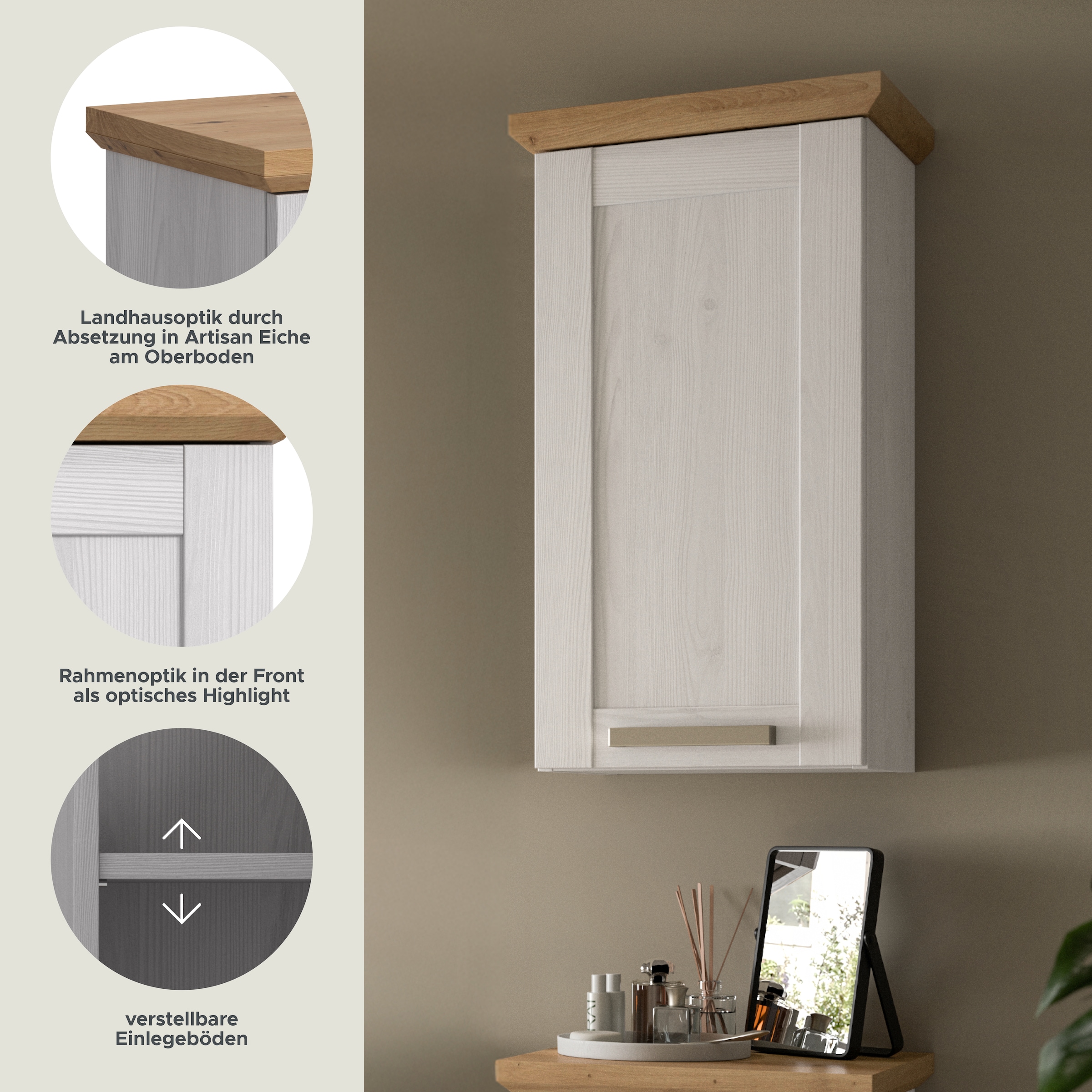 welltime Hängeschrank »COSENZA, Breite 39cm, 1 Tür, 1 Einlegeboden, 2 Fächer« in Landhausoptik, mit weiteren Artikel der Serie kombinierbar, 1 Stk. tlg. Hängeschrank, Bad, Badezimmerschrank