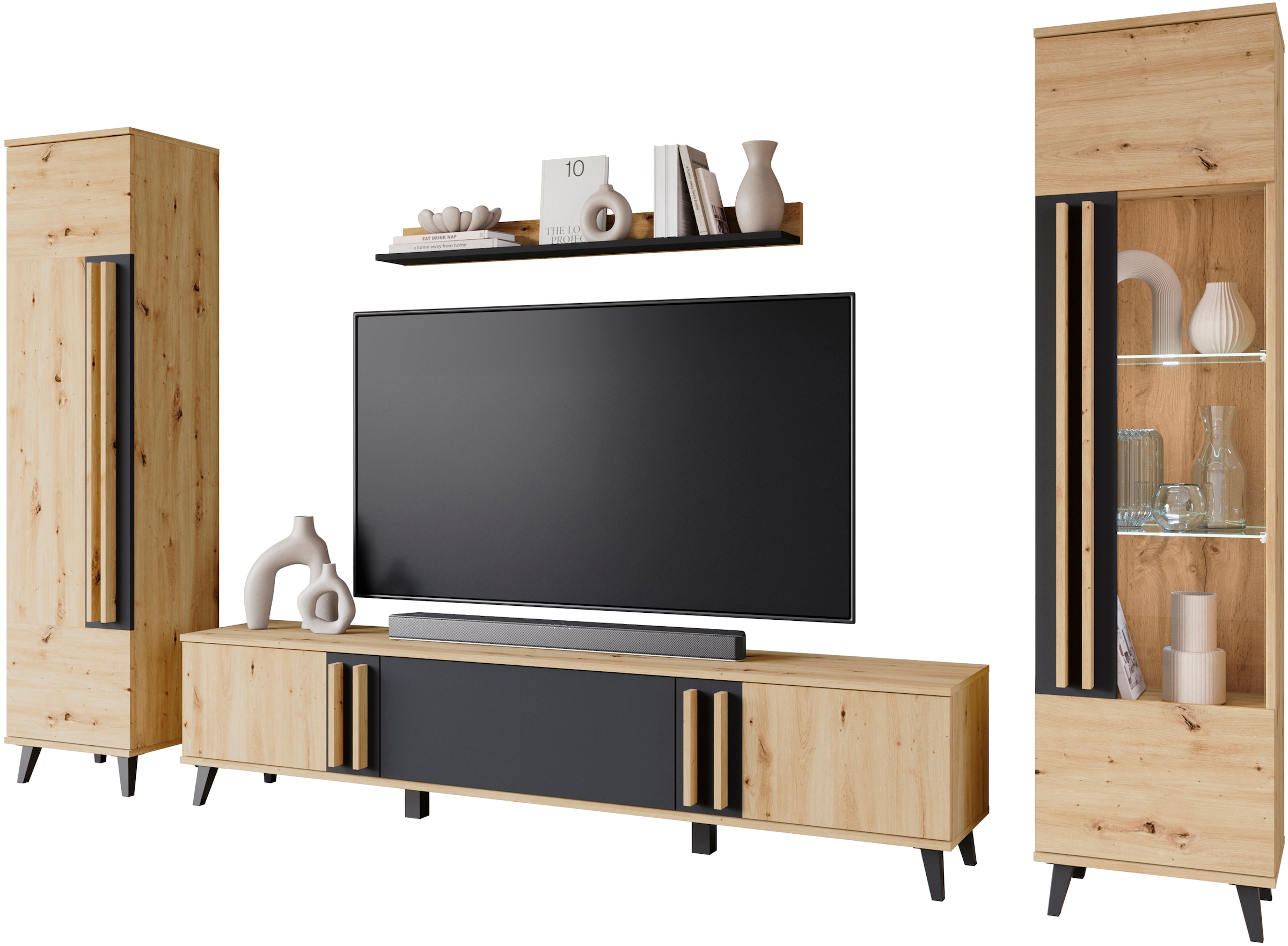 INOSIGN Wohnwand »Helsinki, Modernes Set mit verglaster Vitrine«, (Komplett-Set, 4 St.), mit lamellengriffen, verstellbaren Einlegeböden und Kunststofffüßen