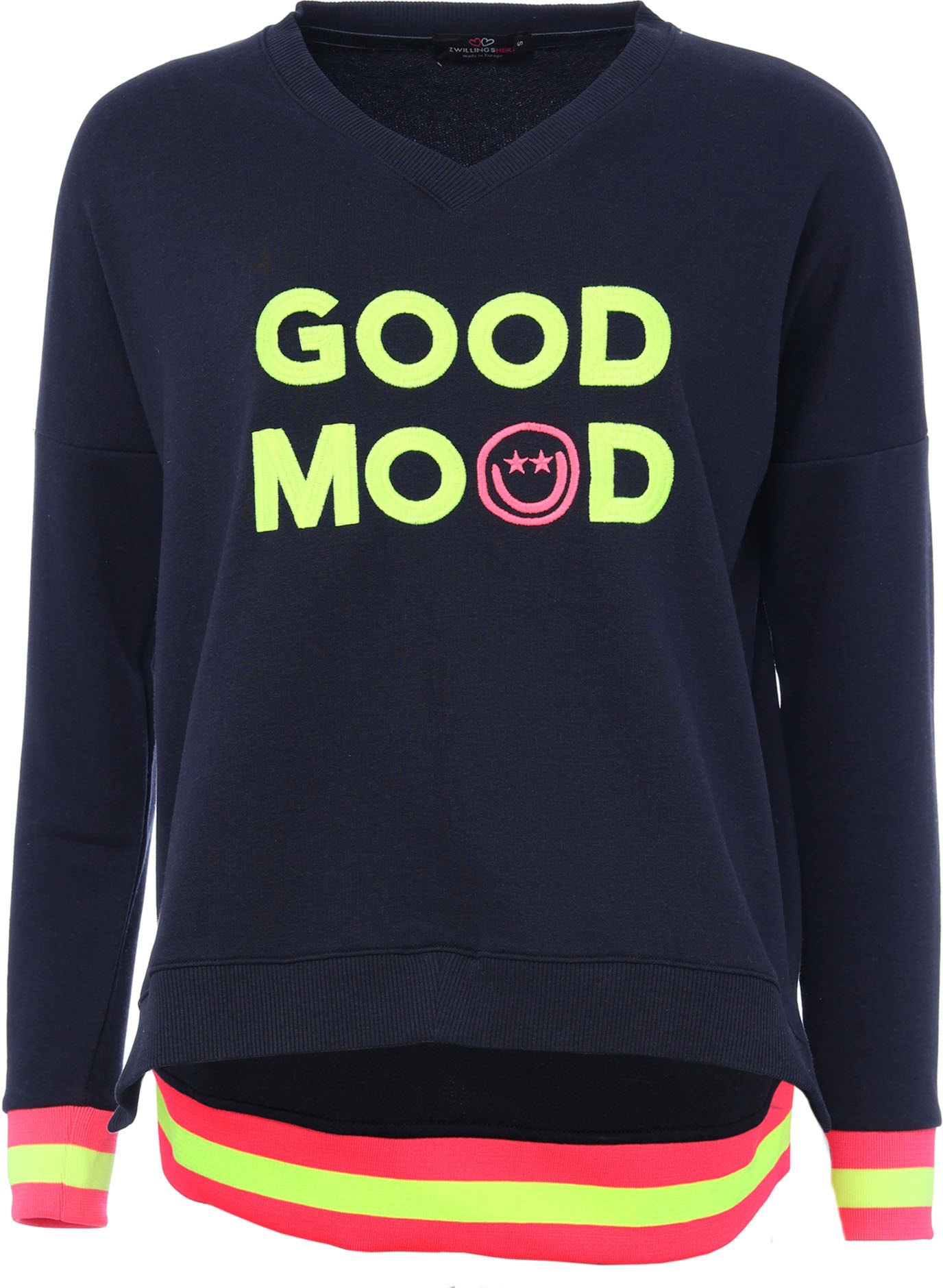 Zwillingsherz Sweatshirt, Langarm, Neon-Details, V-Ausschnitt, Schriftzug günstig online kaufen