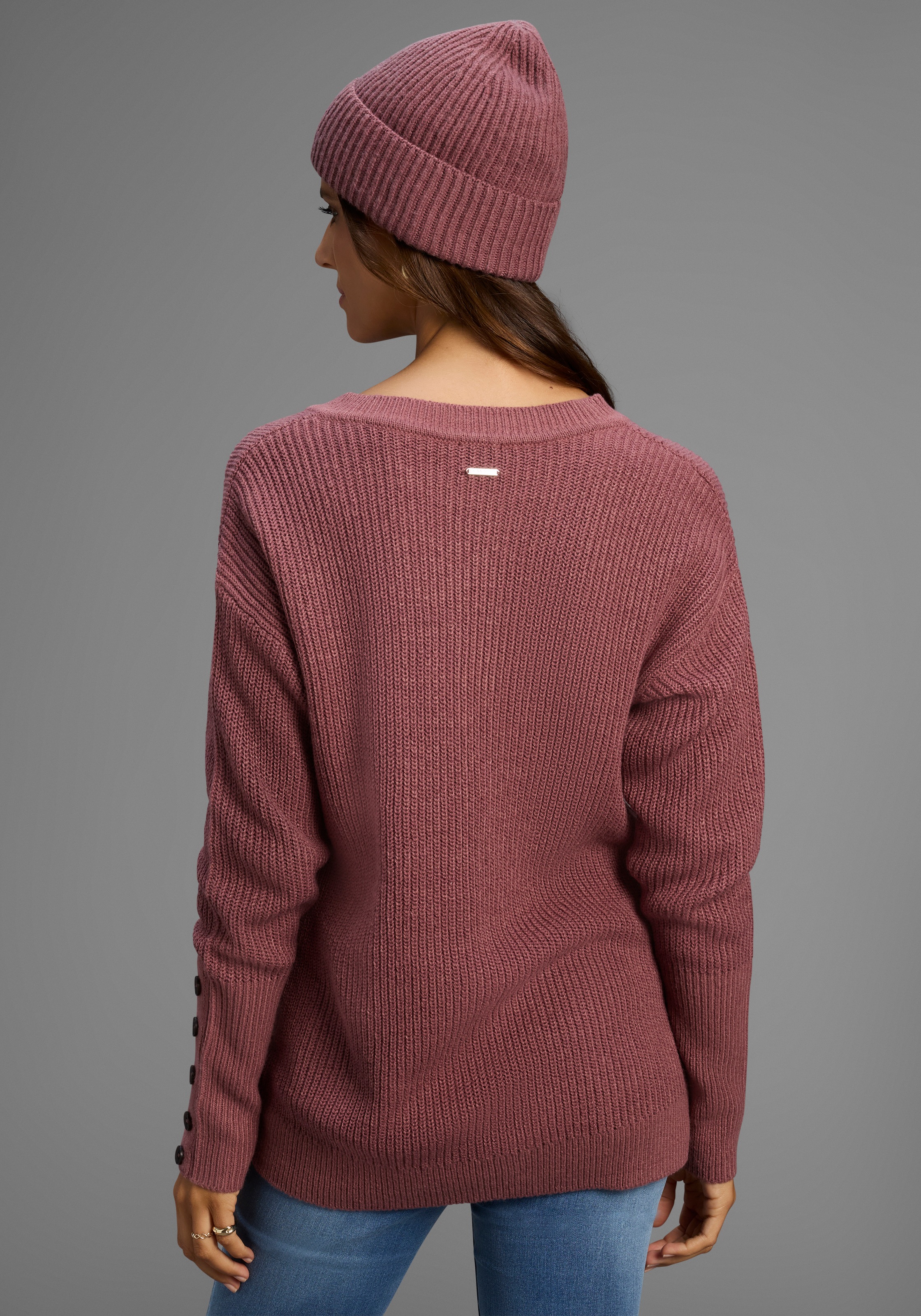 Laura Scott V-Ausschnitt-Pullover Übergangspullover aus Baumwolle mit Knopf günstig online kaufen