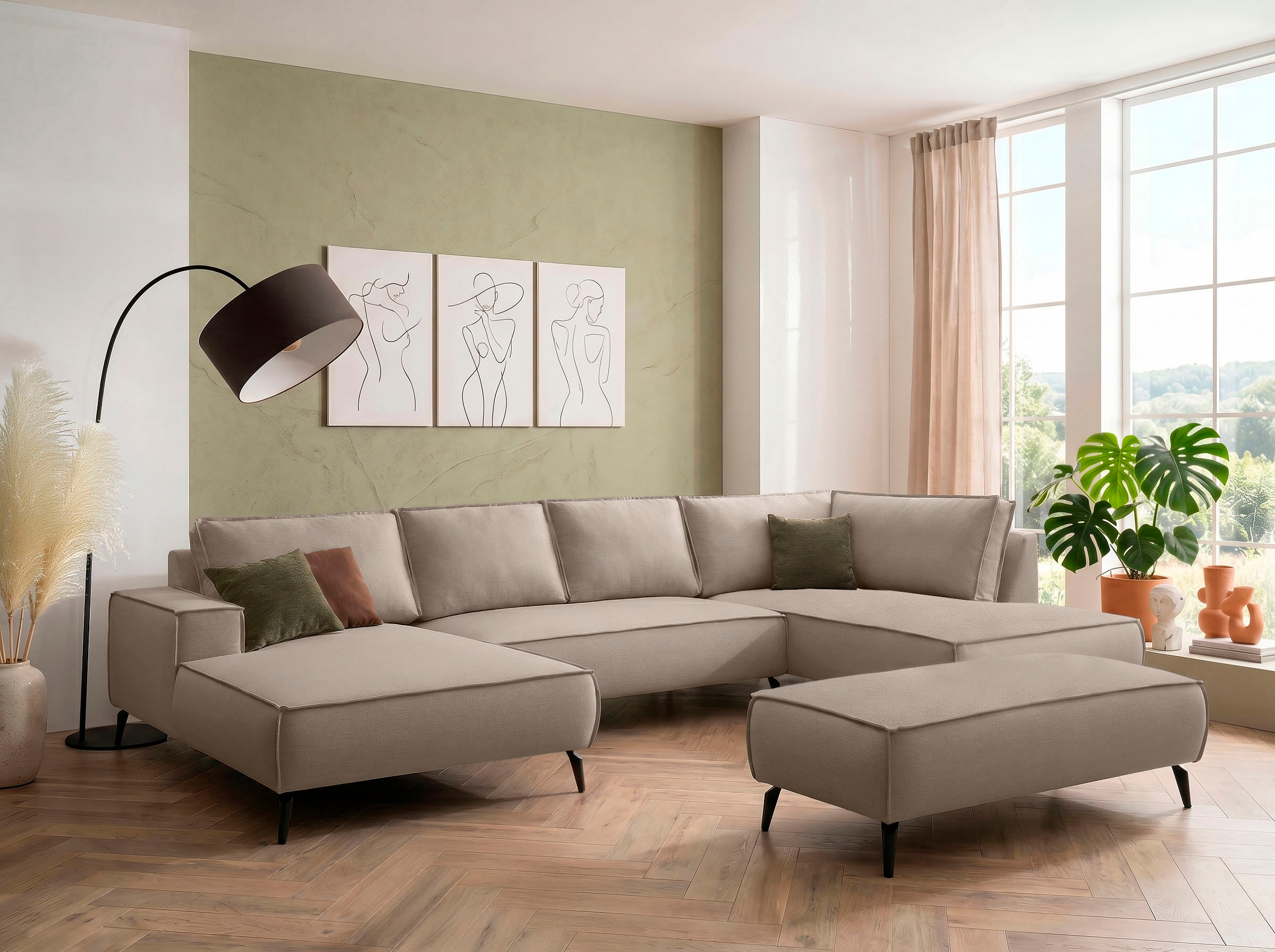 OTTO home Wohnlandschaft "TVINNU Leinenoptik, 354 cm" Recamiere rechts/links, schwarze Metallfüße, bequeme Sitz-/Liegefläche