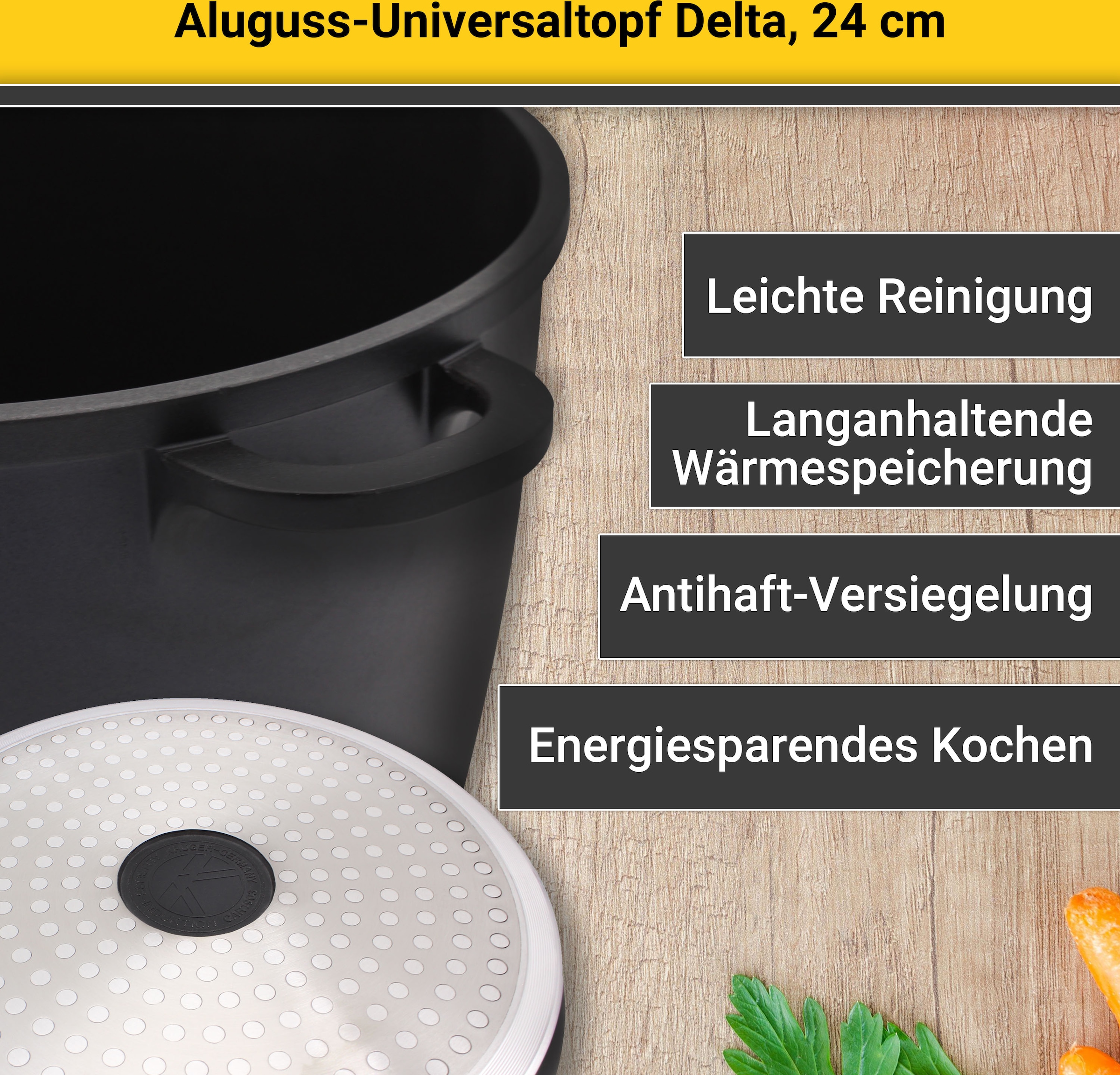 Krüger Kochtopf »Aluguss Universaltopf mit Glasdeckel DELTA, 24 cm«, Aluminiumguss, (1 tlg.), für Induktions-Kochfelder geeignet