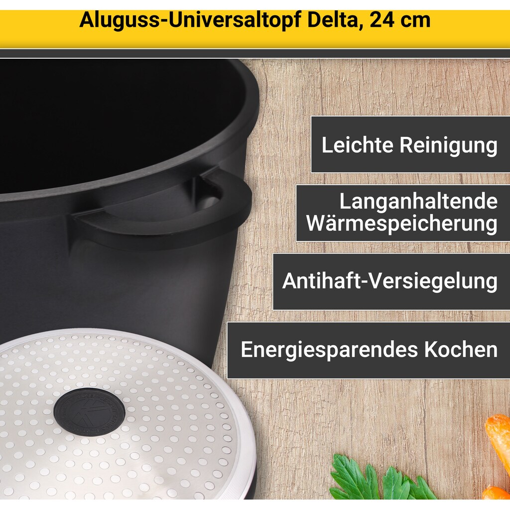 Krüger Kochtopf »Aluguss Universaltopf mit Glasdeckel DELTA, 24 cm«, Aluminiumguss, (1 tlg.), für Induktions-Kochfelder geeignet