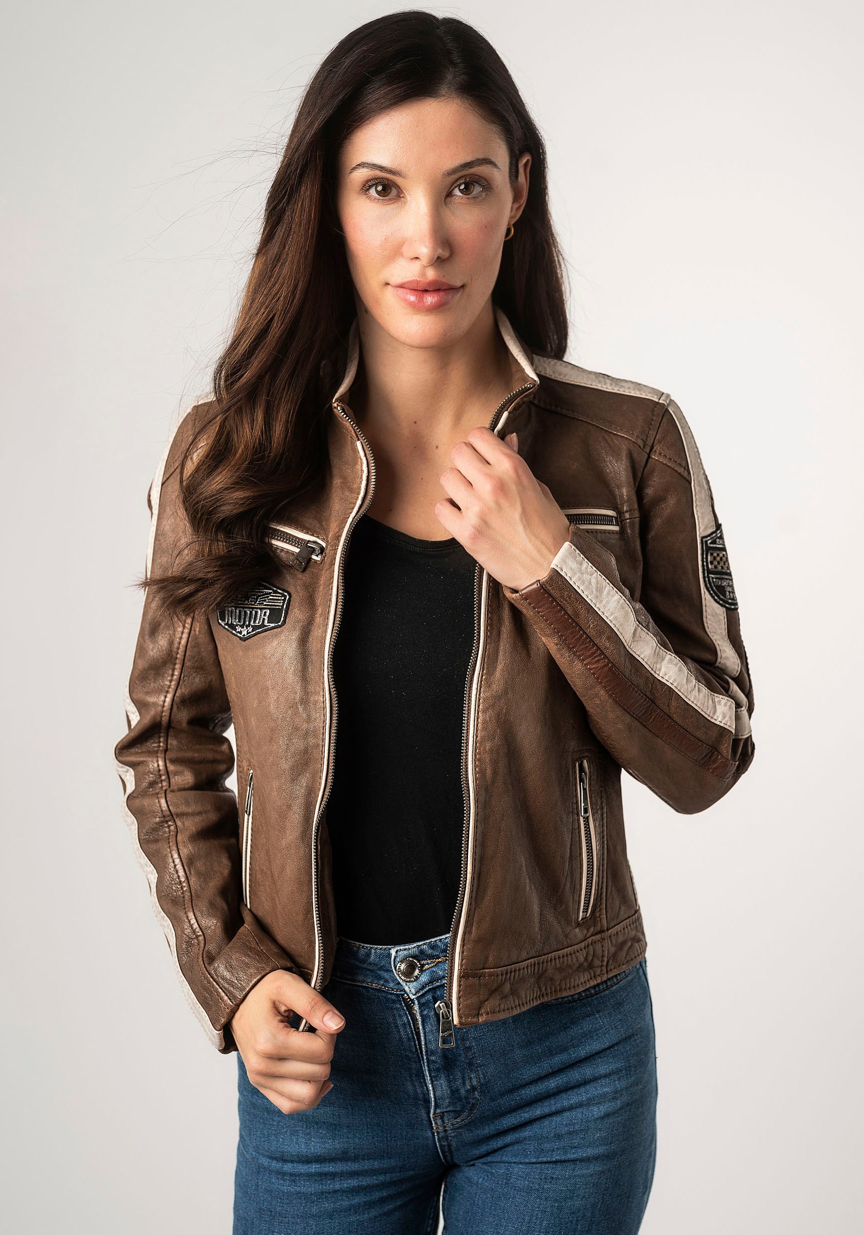Mauritius Lederjacke »MWHighwalie«, im Racer-Look, mit Patch