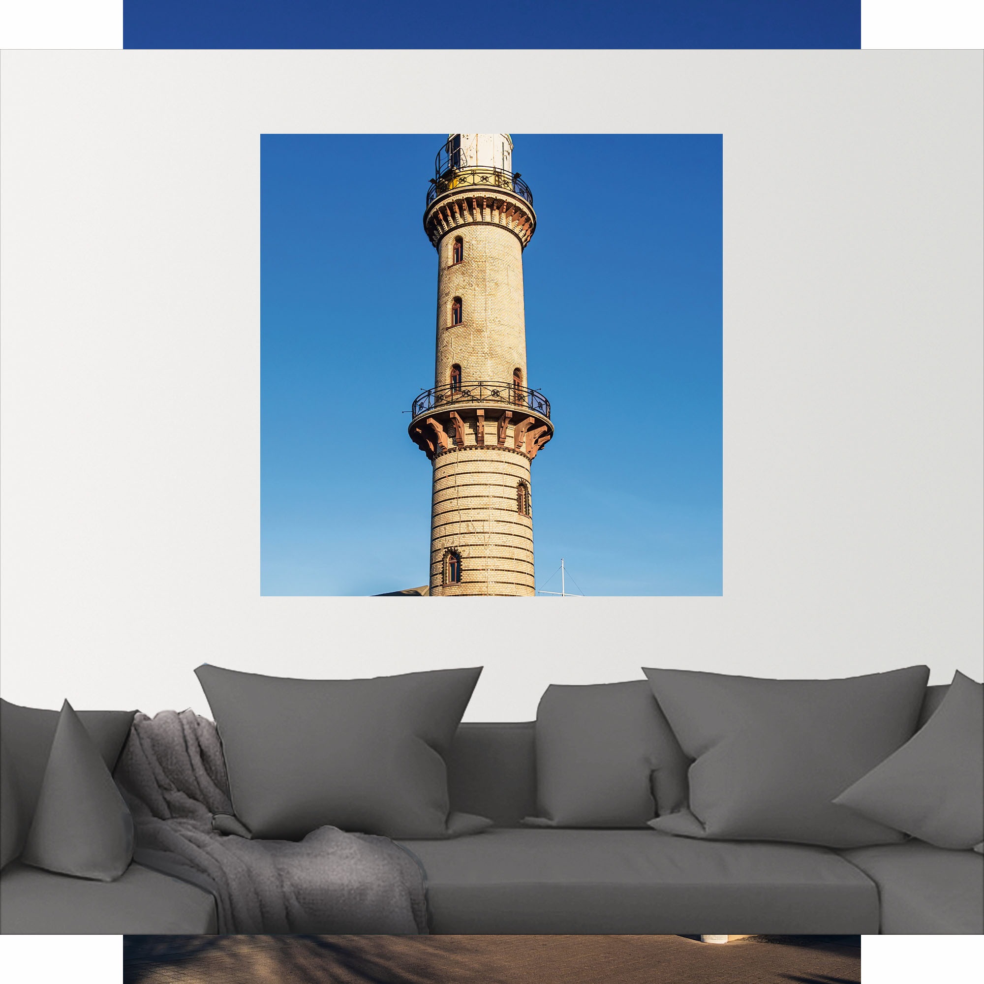 Artland Wandbild »Leuchtturm in Größen (1 BAUR in mit Teepott Wandaufkleber Warnemünde«, Alubild, bestellen Leinwandbild, Poster oder St.), | als Gebäude, versch