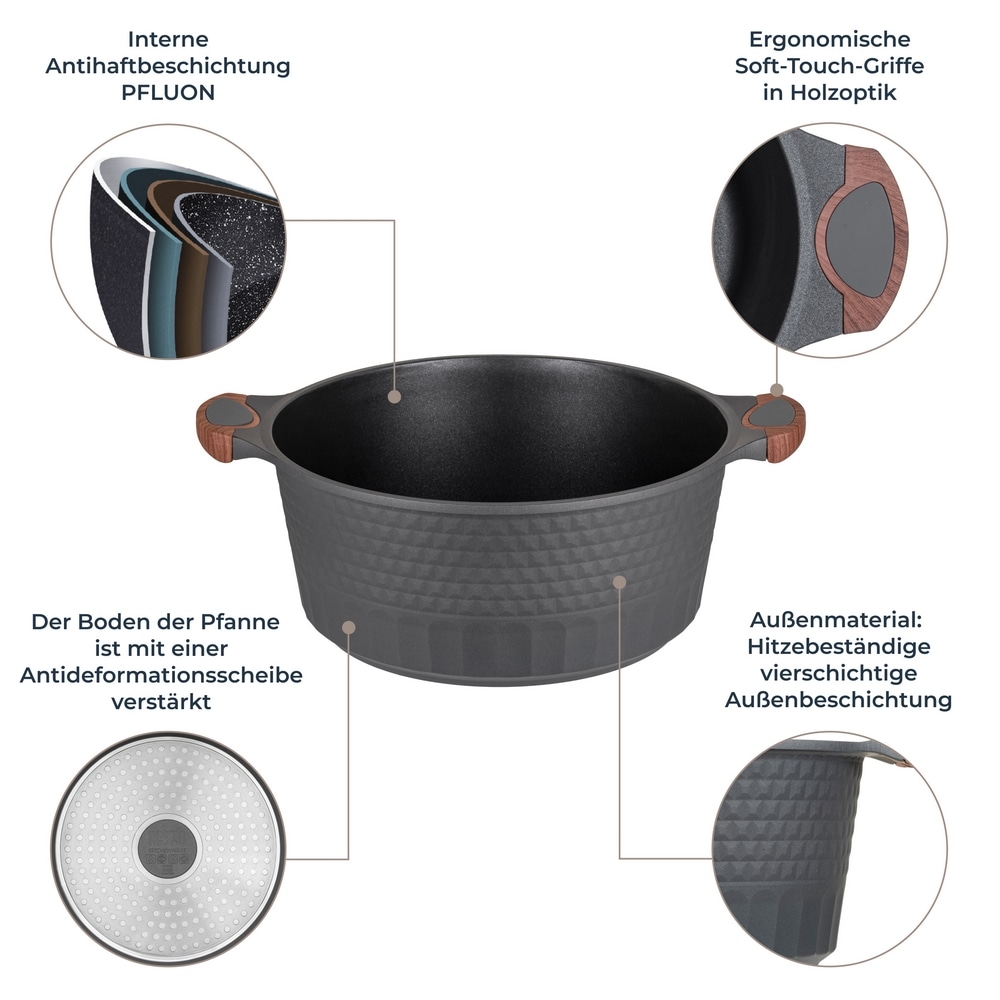 RESTO Kitchenware Kochtopf »Capella, Schmortopf antihaftbeschichtet und spülmaschinenfest«, Aluminiumguss, (2 tlg.), mit Glasdeckel und stoßdämpfendem Silikonrand, im Geschenkkarton