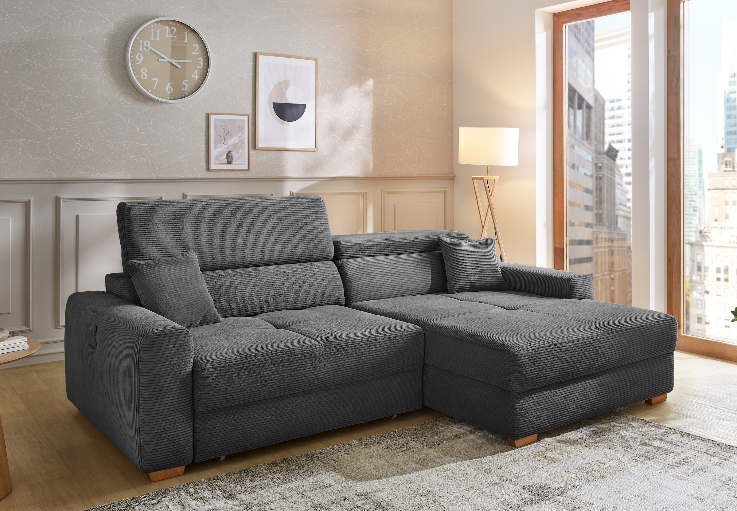 Jockenhöfer Gruppe Ecksofa "Slider L-Form, B: 277 cm Couch, 60cm elektrische Sitztiefenverstellung" 140kg Belastbarkeit, USB-Anschluss, Kopfteilverstellung & Zierkissen