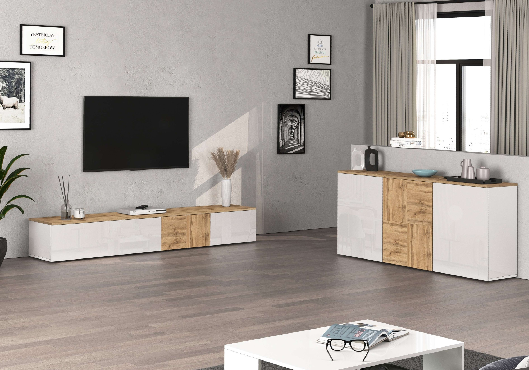 INOSIGN Sideboard »Sideboard ISEO, Kommode, Schrank, Kredenz« 1 Stk. tlg. stehend/hängend, 3 Türen HG lackiert, 6 Fächer, B 150 cm