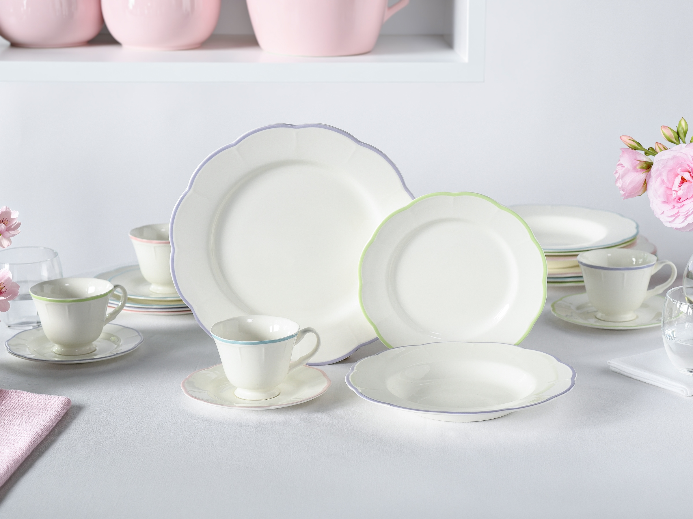 CreaTable Kombiservice »Florine Bunt, Service 20-tlg.« Elegant, Klassische Form, Zart gewellte Ränder