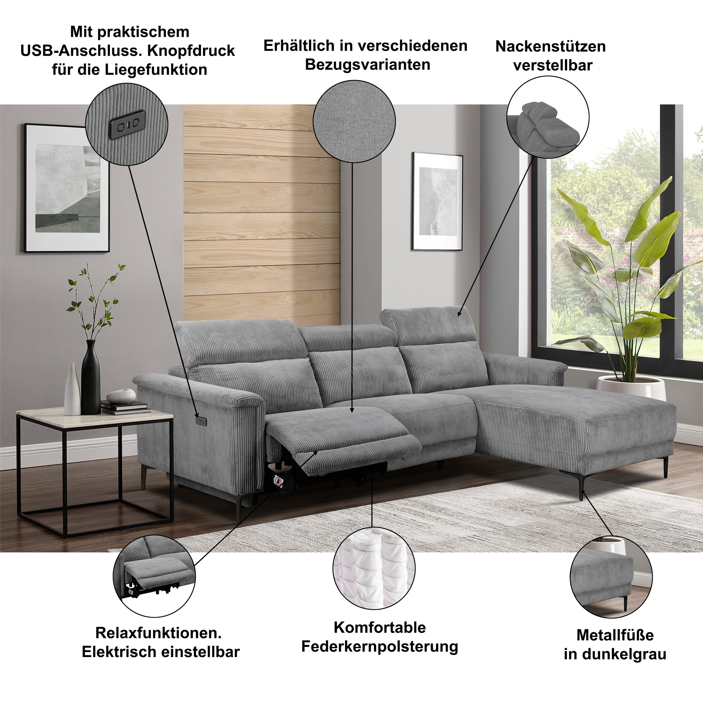 Thumbnail - Home affaire Ecksofa "Lund, L-Form, 261cm, man. o. elektr. Relaxfunktion (mit USB-A)" und Kopfteilverstellung