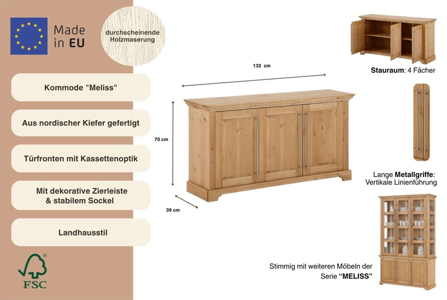 Thumbnail - Home affaire Kommode "Meliss" aus massiver Kiefer, FSC zertifiziert, 3-türig, Breite 132 cm