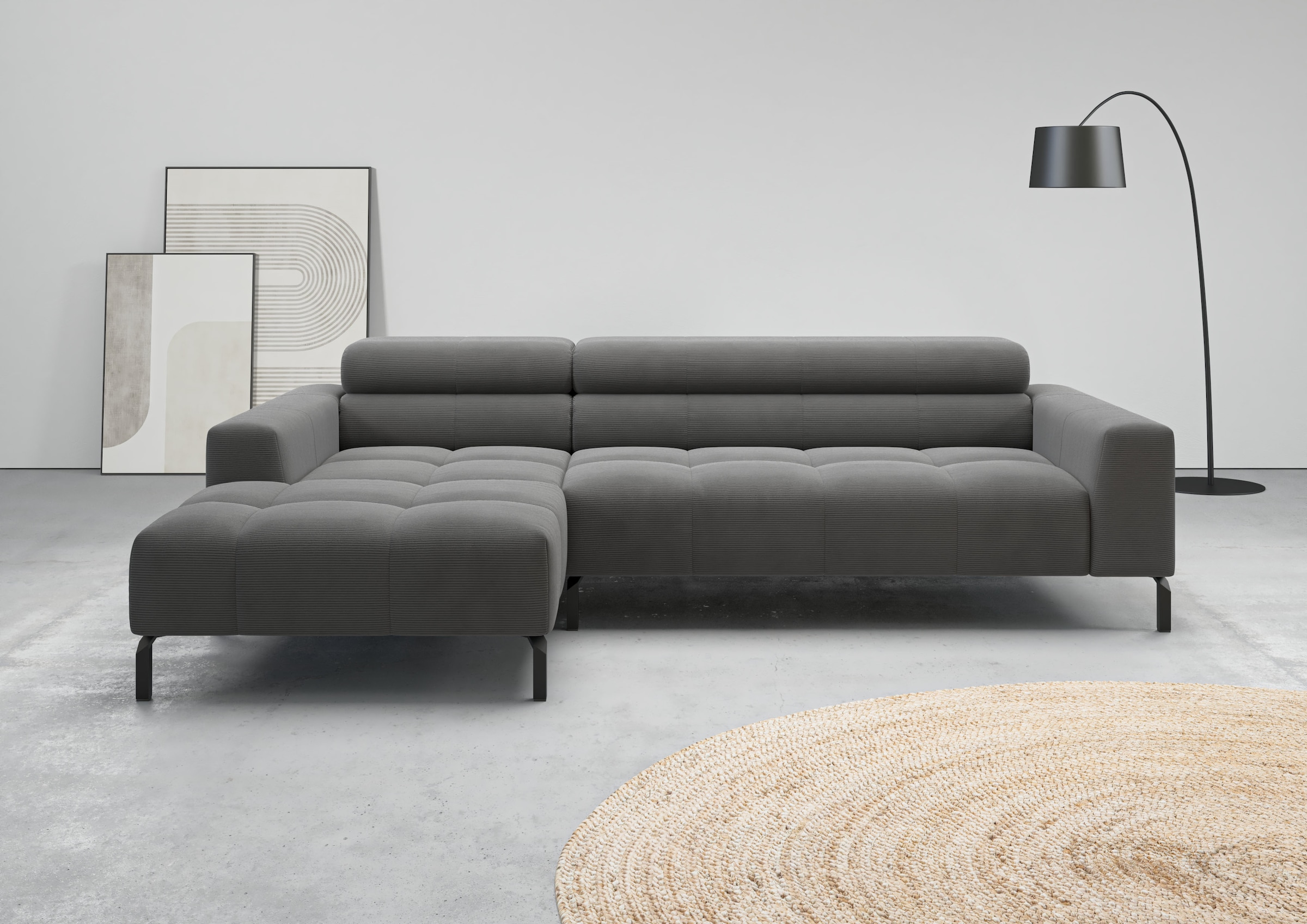 Home affaire Ecksofa "Claya, 258 cm breit, L-Form, Kopfteilverstellung" Moderne Steppung, weicher Polsteraufbau & saugroboterfreundliche Höhe