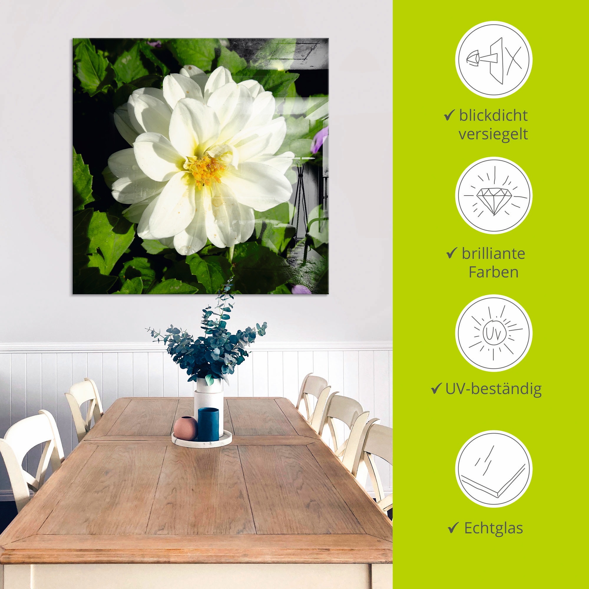Artland Glasbild »Weiße Dahlienblüte«, Blumen, (1 St.), in verschiedenen Größen