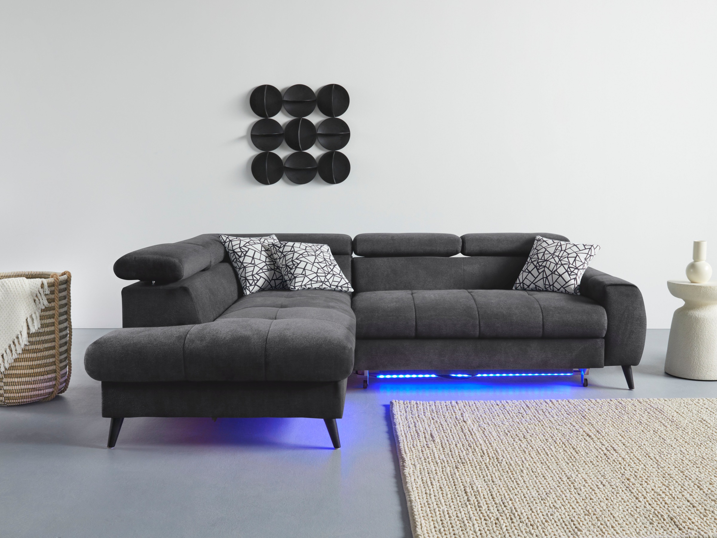 COTTA Ecksofa »Mia L-Form mit 3 Zierkissen«, wahlweise mit Bettfunktion, Bettkasten, Beleuchtung & Wireless-Charger