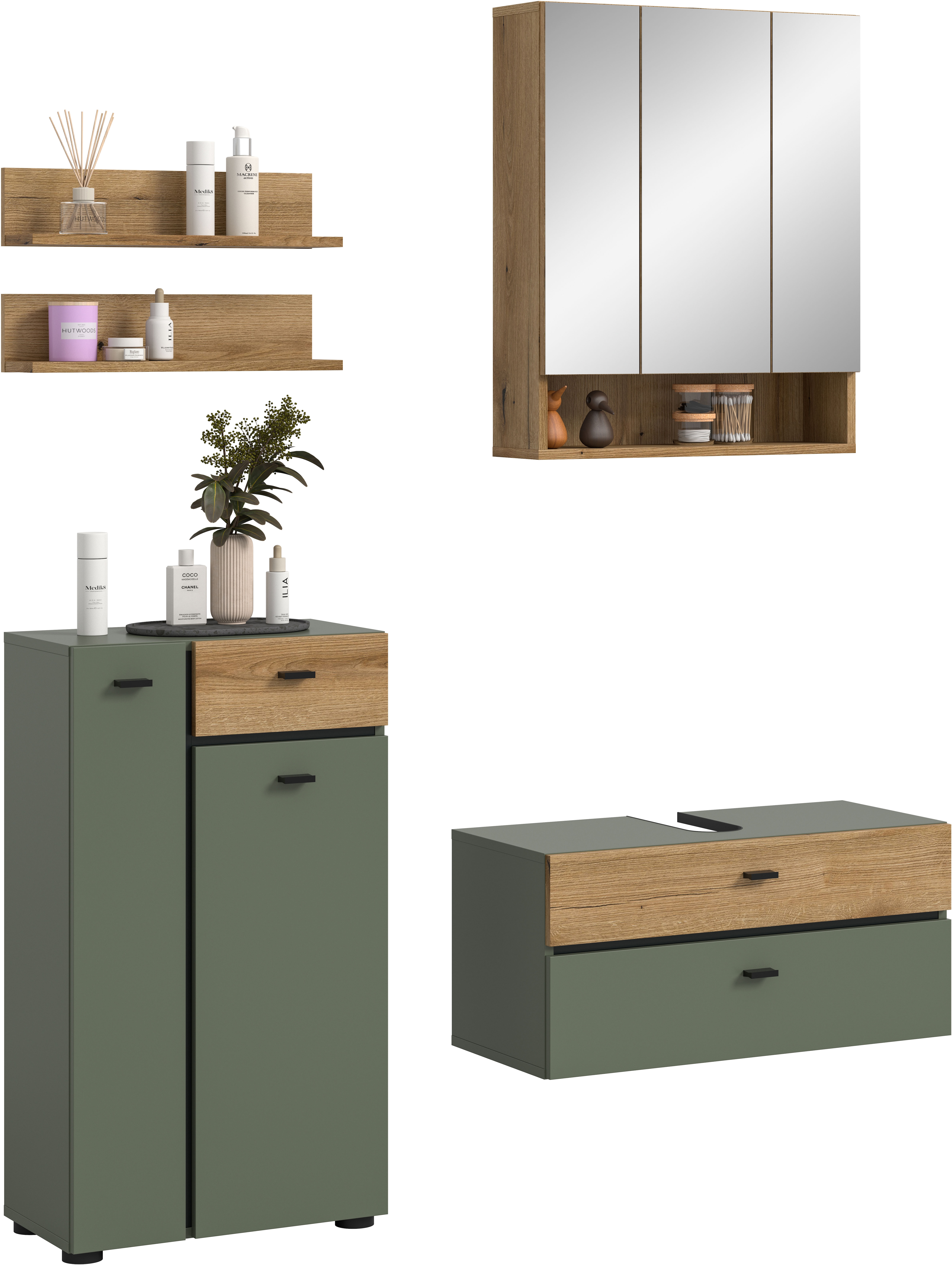 welltime Badmöbel-Set "VANN, 5-teilige moderne Badkombination, individuell stellbar" Midischrank, 2er Set Wandregal, Waschbeckenunterschrank,Spiegelschrank, 5 Stk. tlg.