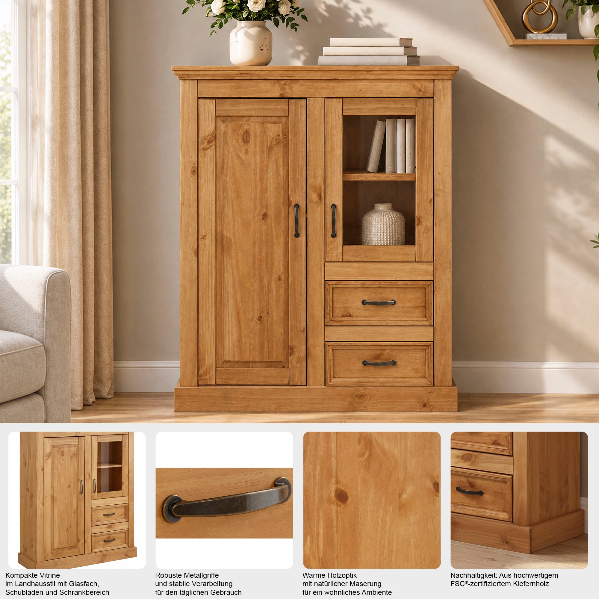 OTTO home Highboard »Selma Vitrine mit 2 Türen, eine davon mit Glaseinsatz und 2 Schubläden« aus massivem Kiefernholz, mit einer natürliche Maserung, Metallgriffe