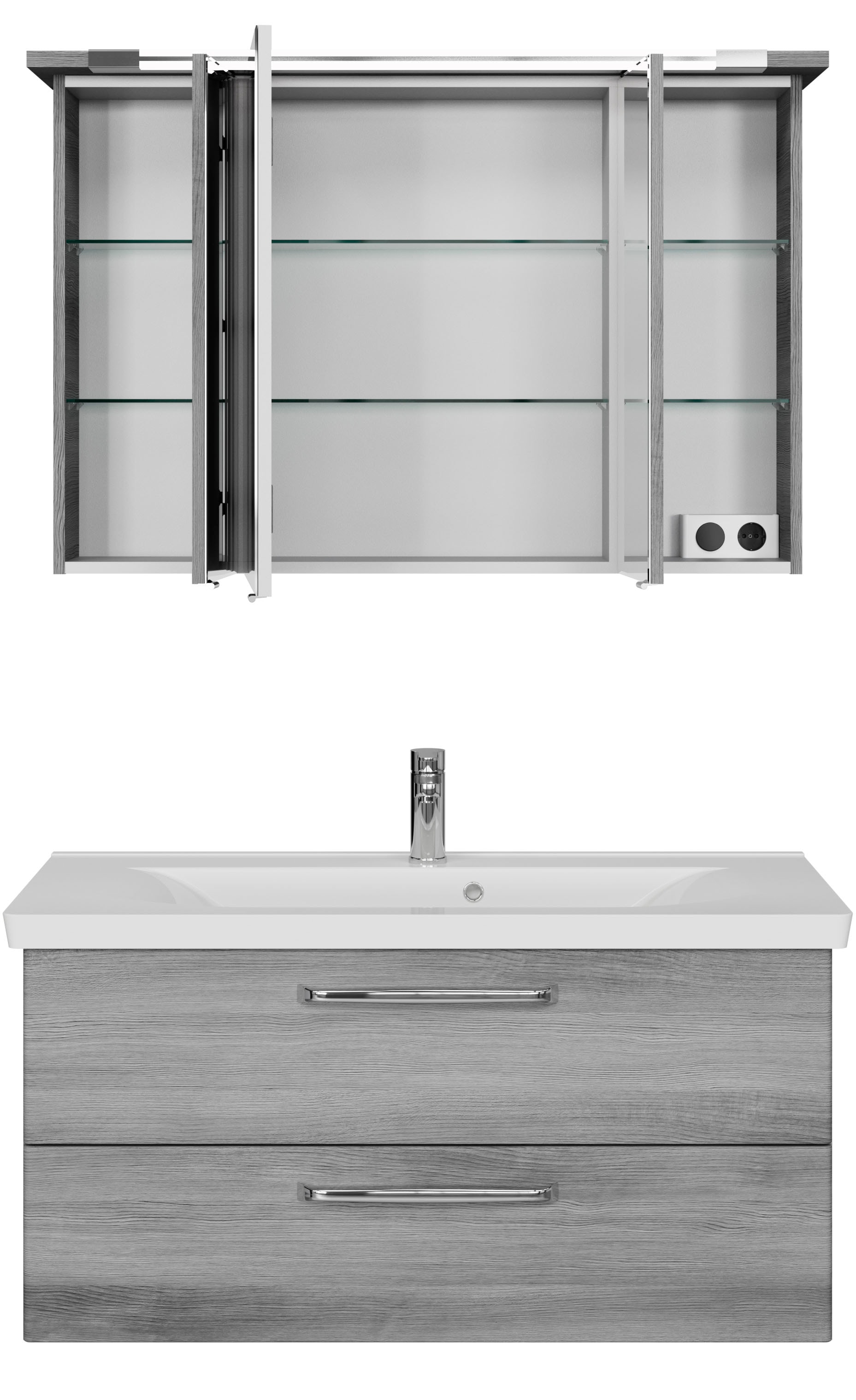 Saphir Badmöbel-Set »Trentino 2-tlg Mineralmarmor-Waschtisch, Spiegelschrank mit LED-Profil«, (3 St.), Badmöbel-Set 110cm breit, inkl. Türdämpfer, 3 Türen, 2 Auszügen
