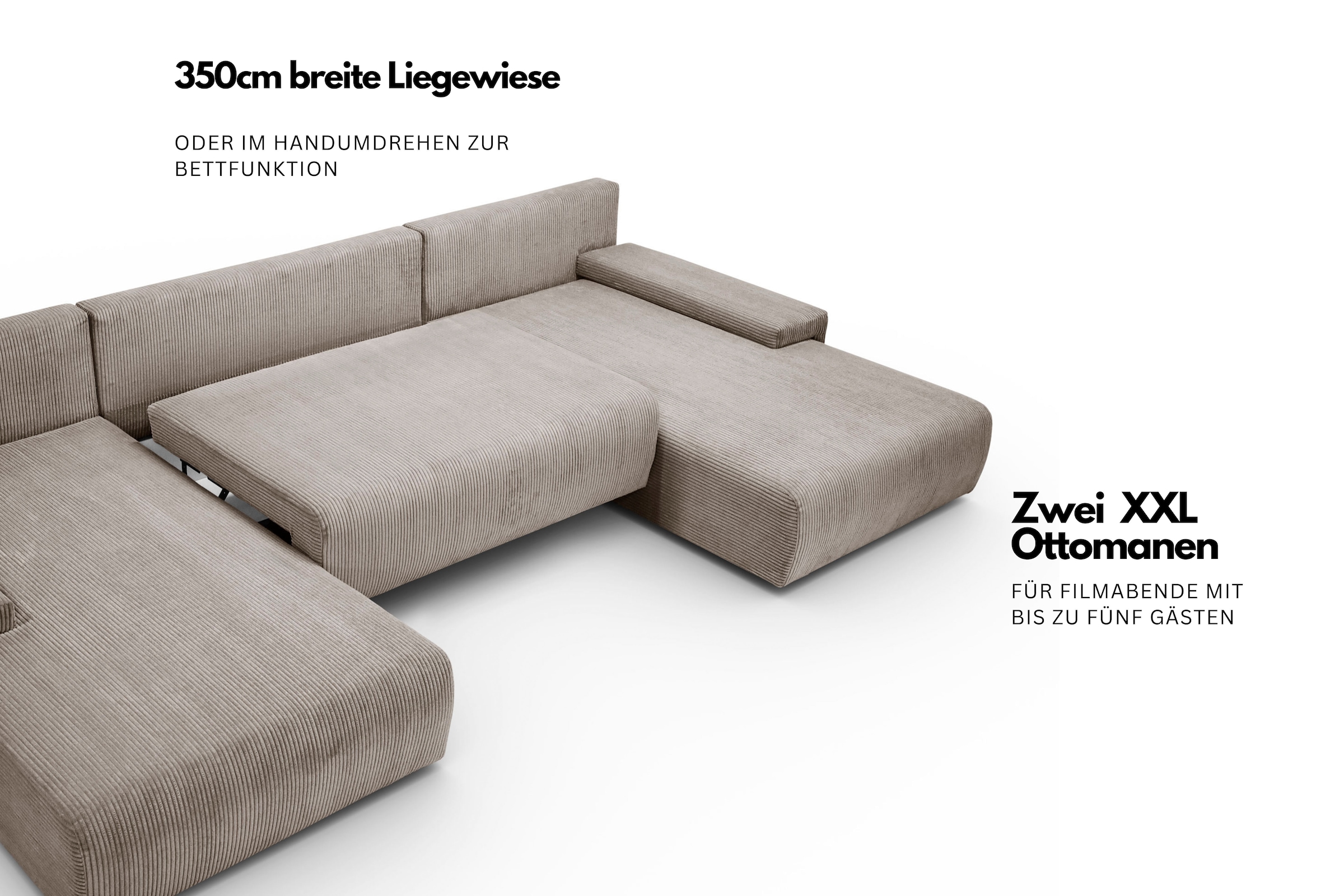 WERK2 Wohnlandschaft »Amalfi mit Bett & Bettkasten, Cord, bequem, organisches Design« Cord, U-Form, XXL, Schlaffunktion, Bettkasten