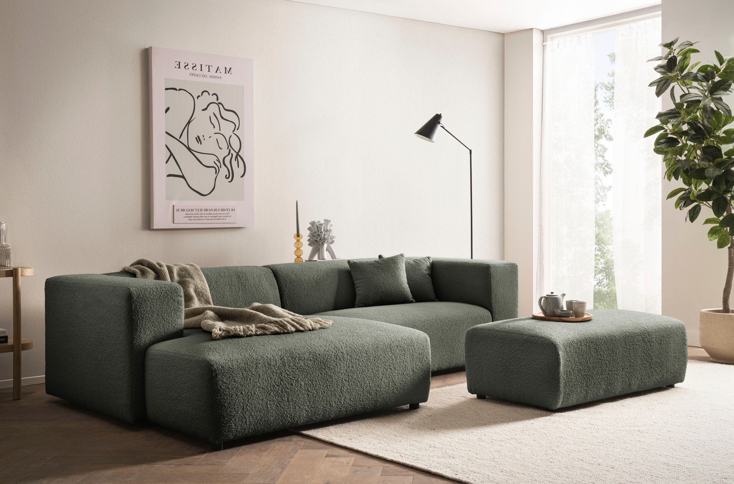 andas Ecksofa »BAKELS, L-Form in Cord oder Boucle-Stoff, moderne Couch«, wahlweise Recamiere rechts/links, bequemer Sitzkomfort