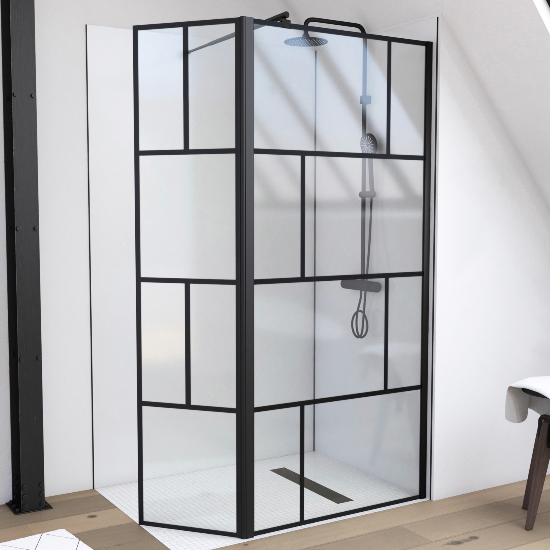 Marwell Walk-in-Dusche "Bricks" 3 Stk. tlg. 90+40 x 195 cm, inkl. Haltestange für Wandmontage