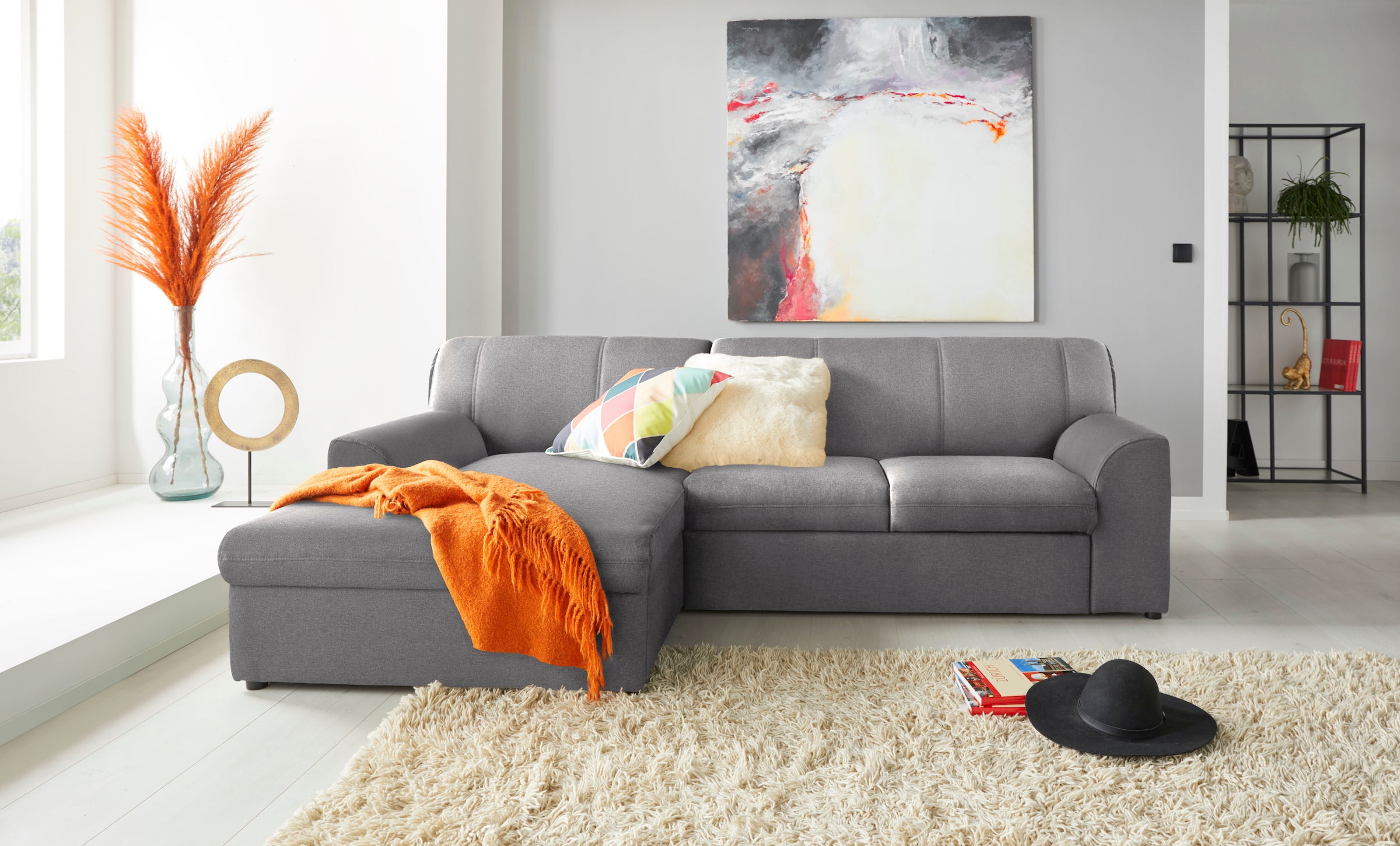 DOMO collection "Topper, elegant und zeitlos, kompaktes Stellmaß 245/155cm, L-Form" mit Recamiere, wahlweise mit Schlaffunktion