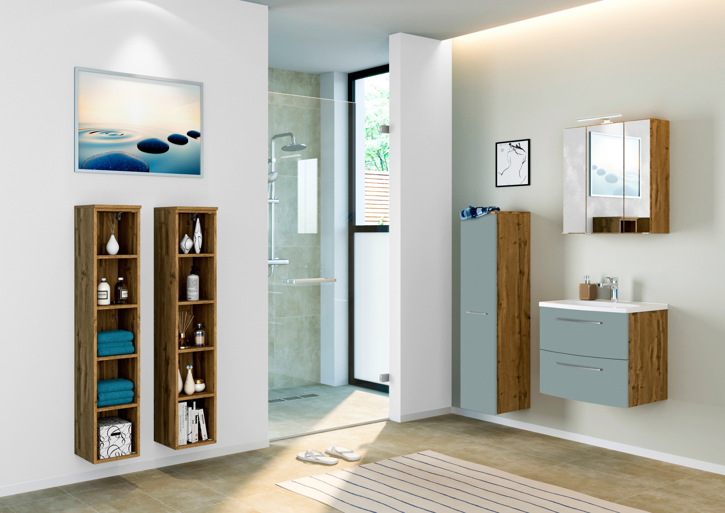 welltime Badmöbel-Set »Catania«, (3 St.), mit 3D-Spiegelschrank und gebogenes Mineralgussbecken