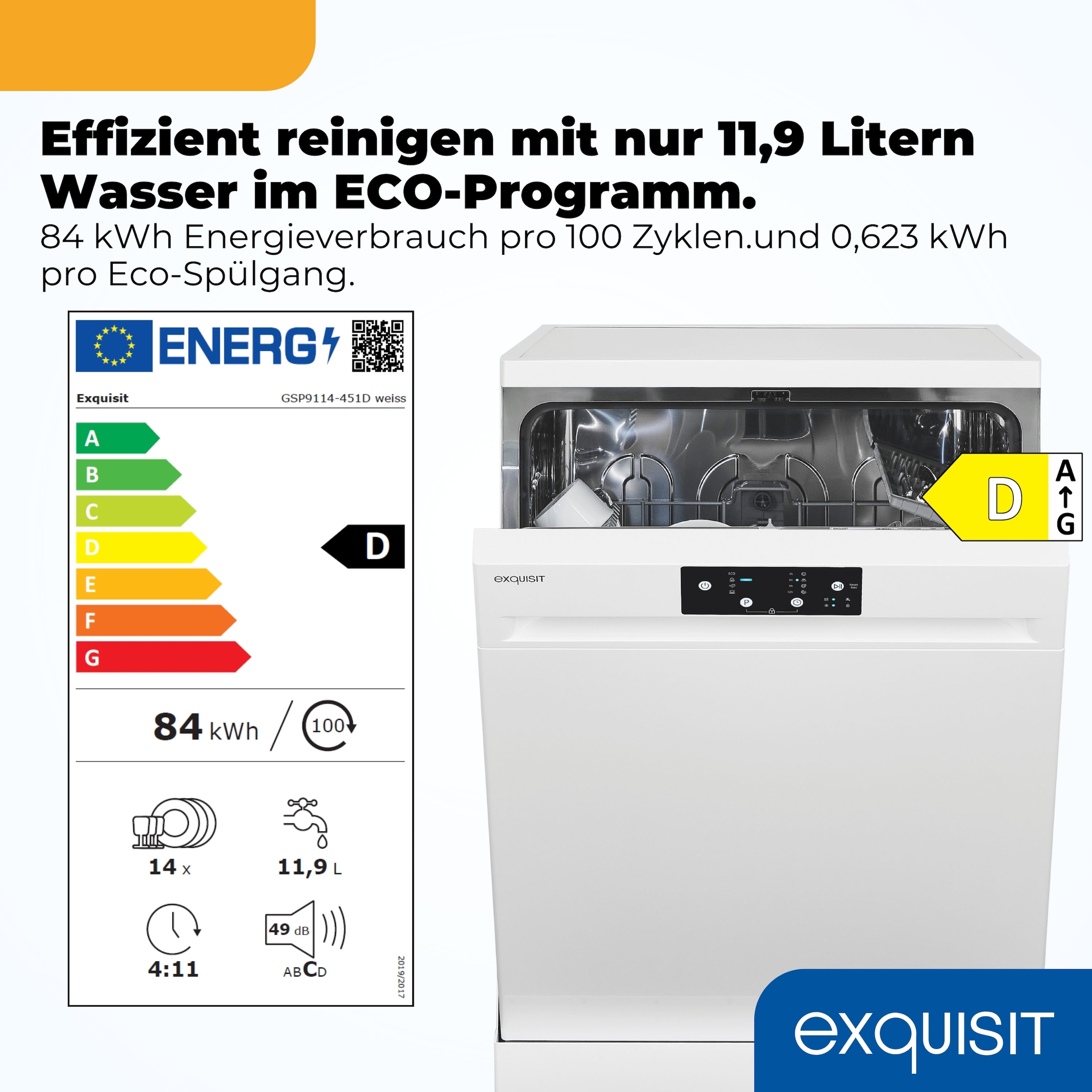 exquisit Standgeschirrspüler 9114 »GSP9114-451D weiss« 11,9 l 14 tlg. Maßgedecke 14 Maßgedecke & flüsterleise 49 dB – stark und angenehm ruhig