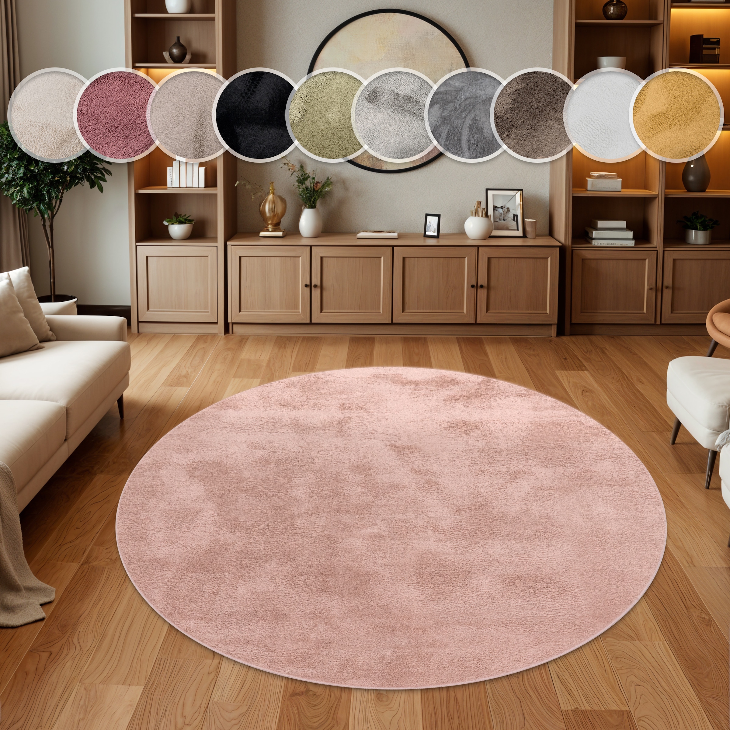 Paco Home Fellteppich "Kunstfell Soft 380" rund 14 mm Höhe Langflor, Kuschelteppich - besonders weich, Uni-Farben